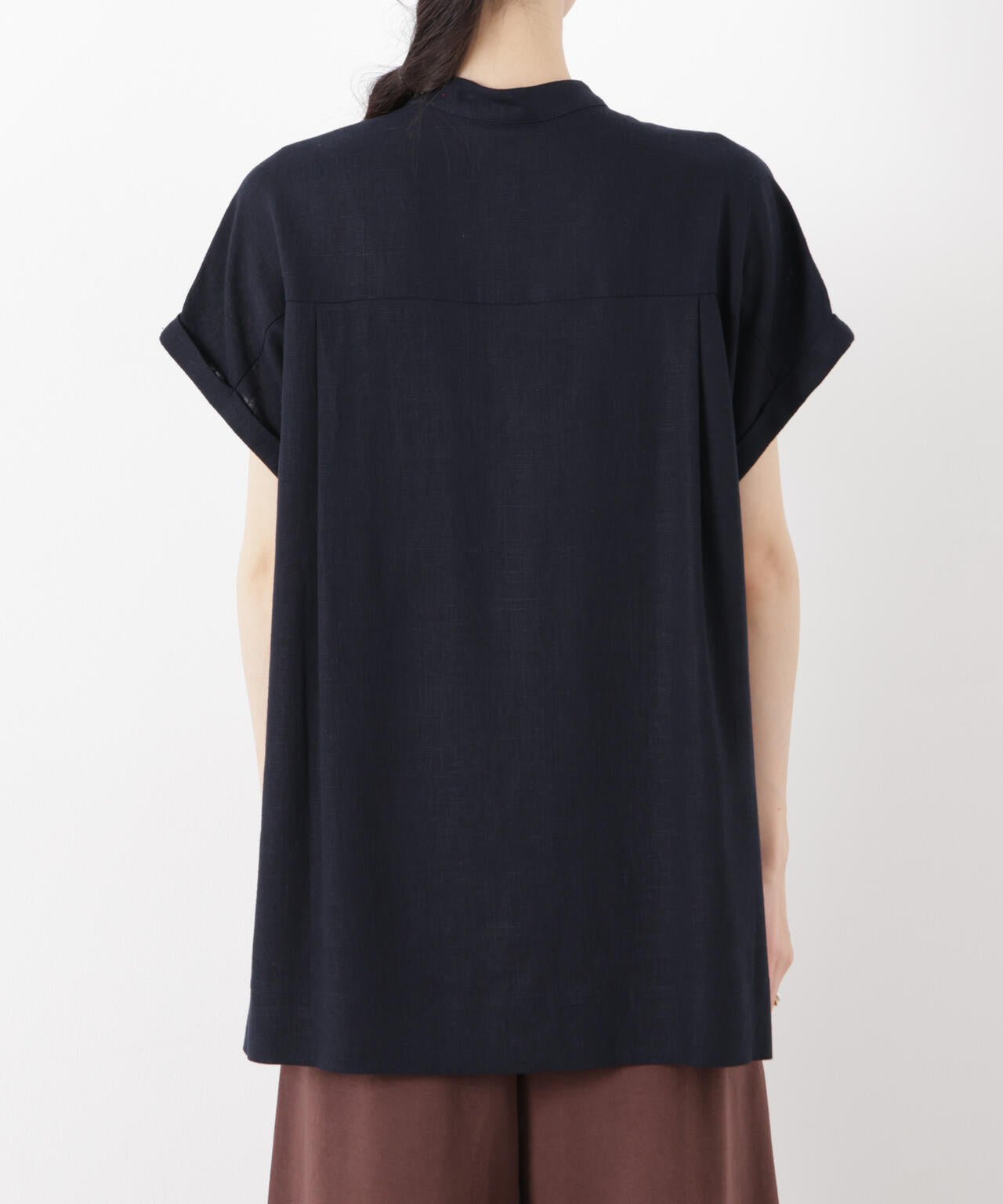 多機能リネン混スタンドカラードルマンフレンチスリーブシャツ(セットアップ可)