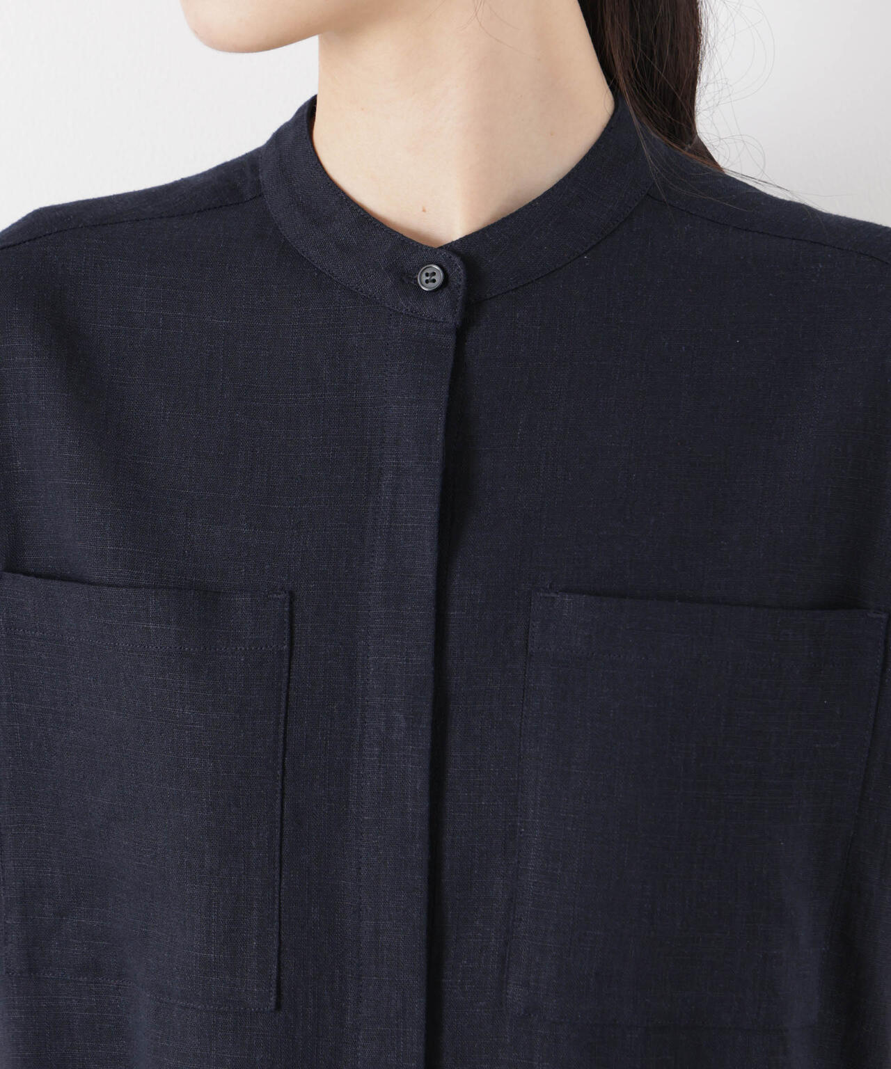 多機能リネン混スタンドカラードルマンフレンチスリーブシャツ(セットアップ可)