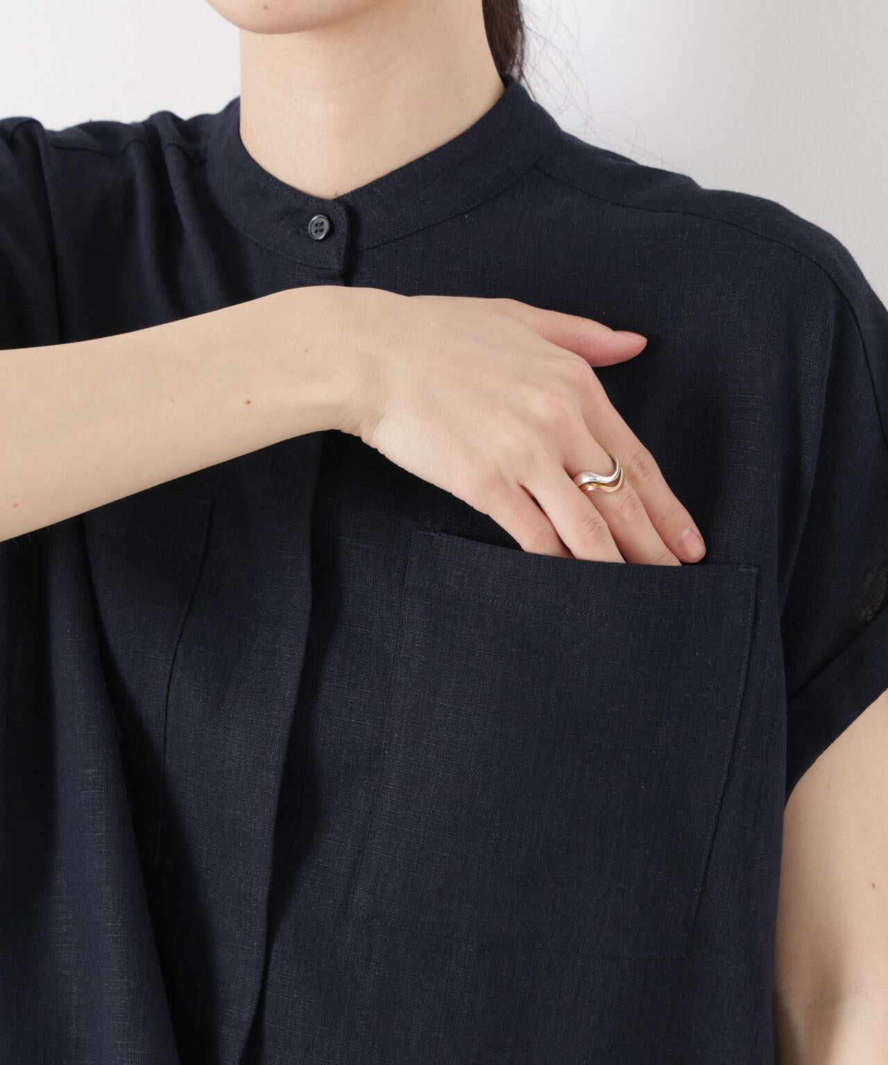多機能リネン混スタンドカラードルマンフレンチスリーブシャツ(セットアップ可)