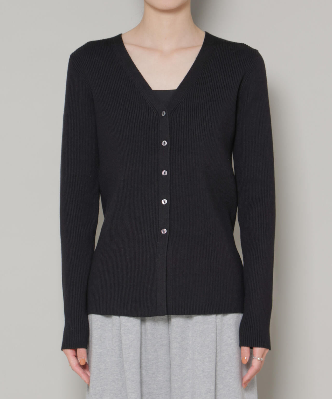 裾スリットVネックリブカーディガン