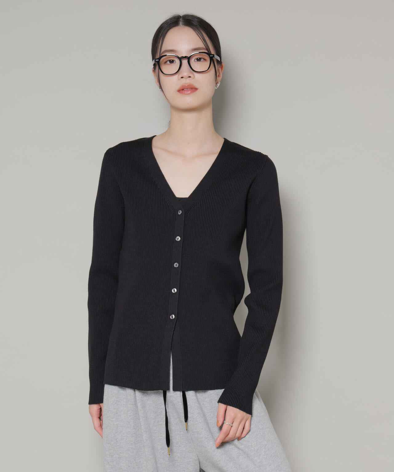 裾スリットVネックリブカーディガン