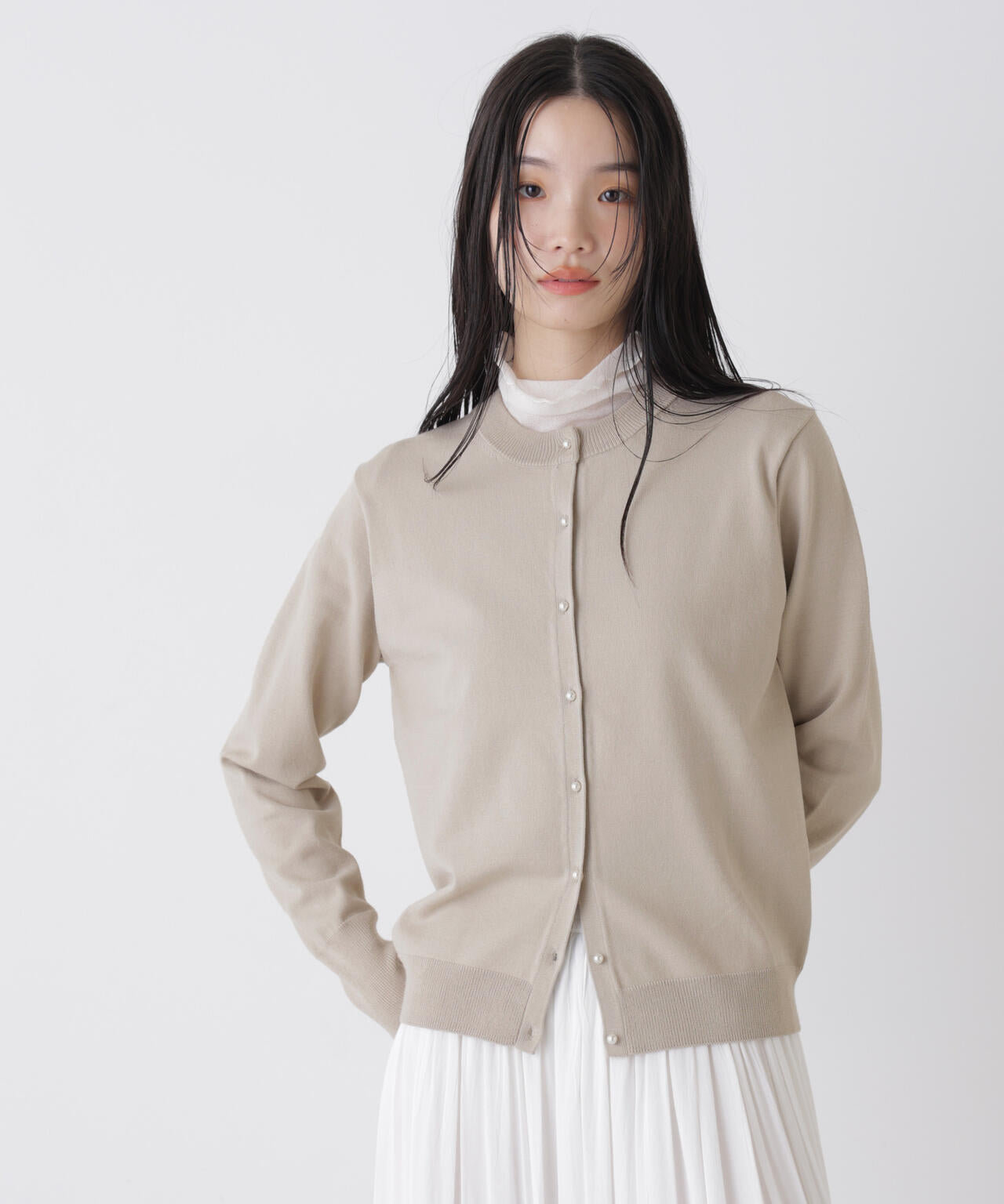 洗濯機洗可バンブーレーヨンニット パールボタンカーディガン