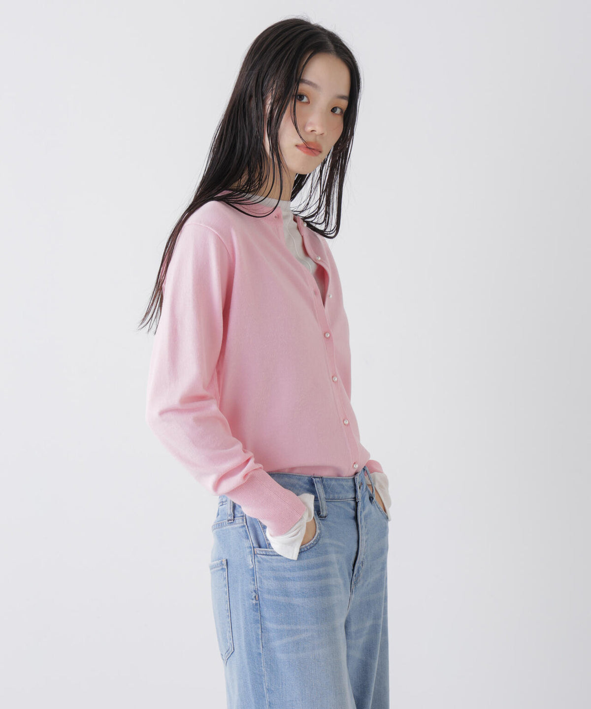 洗濯機洗可バンブーレーヨンニット パールボタンカーディガン