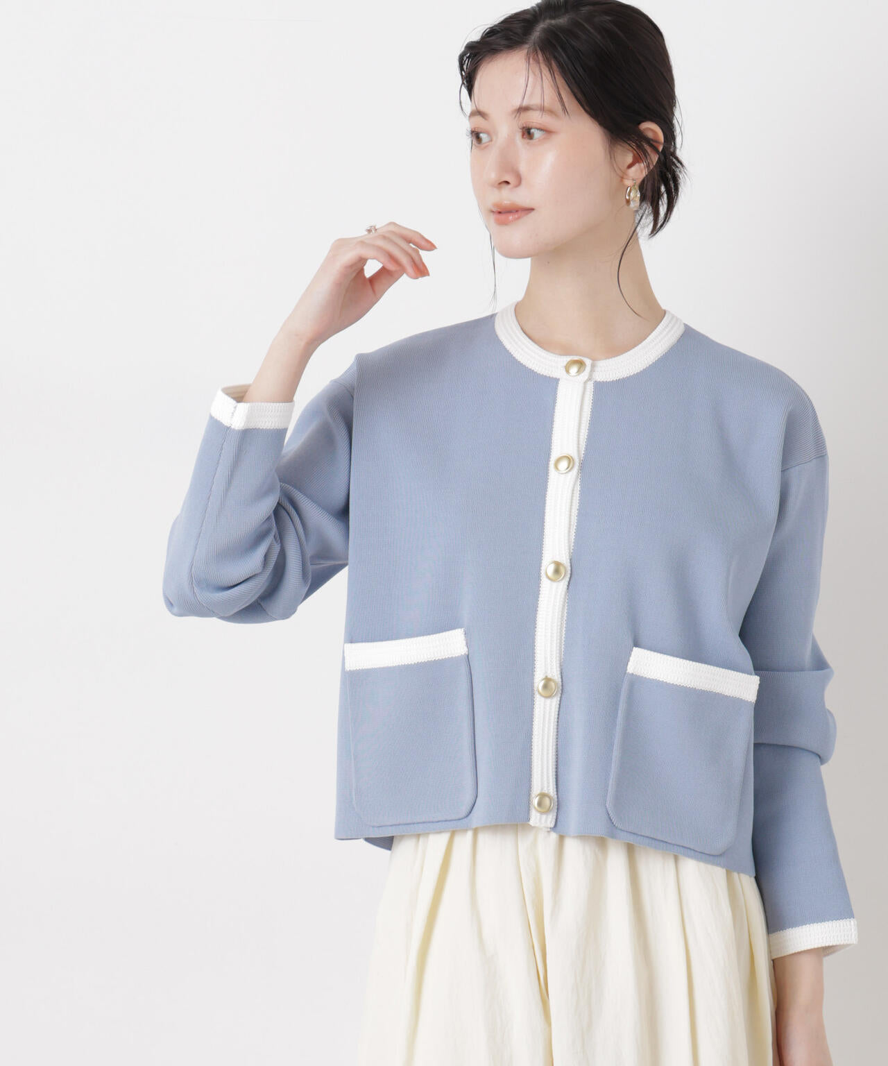 洗濯機洗可バイカラーニットジャケットカーディガン(セットアップ可)