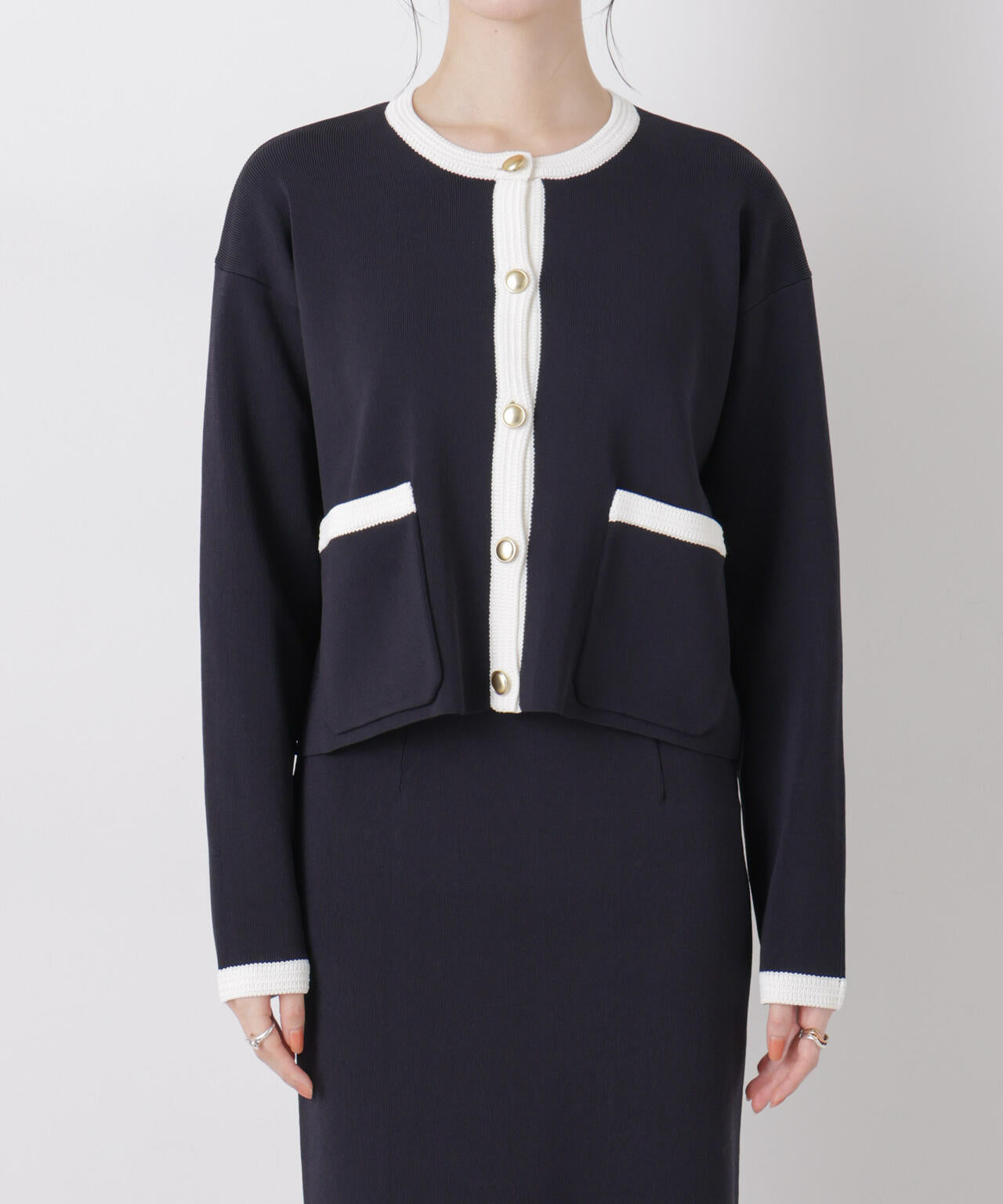 洗濯機洗可バイカラーニットジャケットカーディガン(セットアップ可)