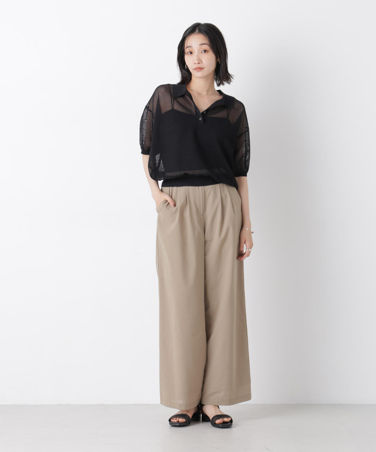 メッシュポロニットトップス