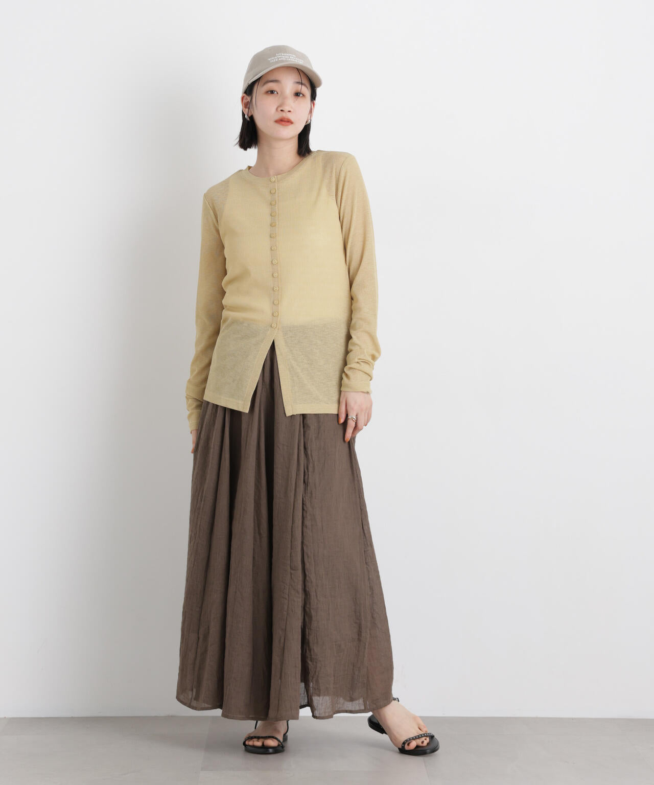 シアーリブカットソー多ボタンデザイントップス