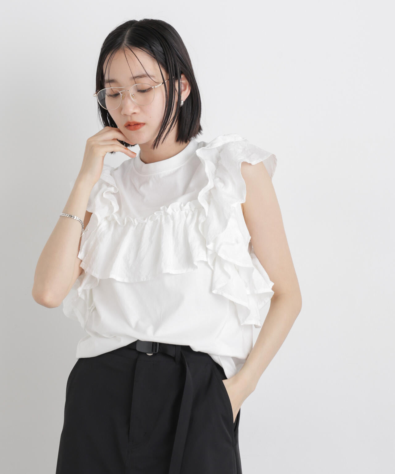 3wayデザインフリルコンビカットトップス