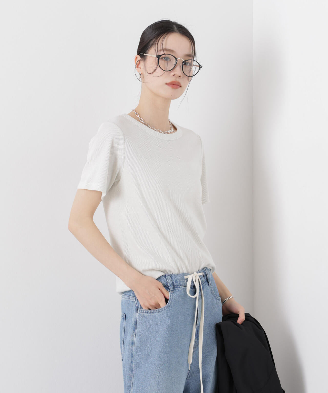 ラメリブカットクルーネックTシャツ