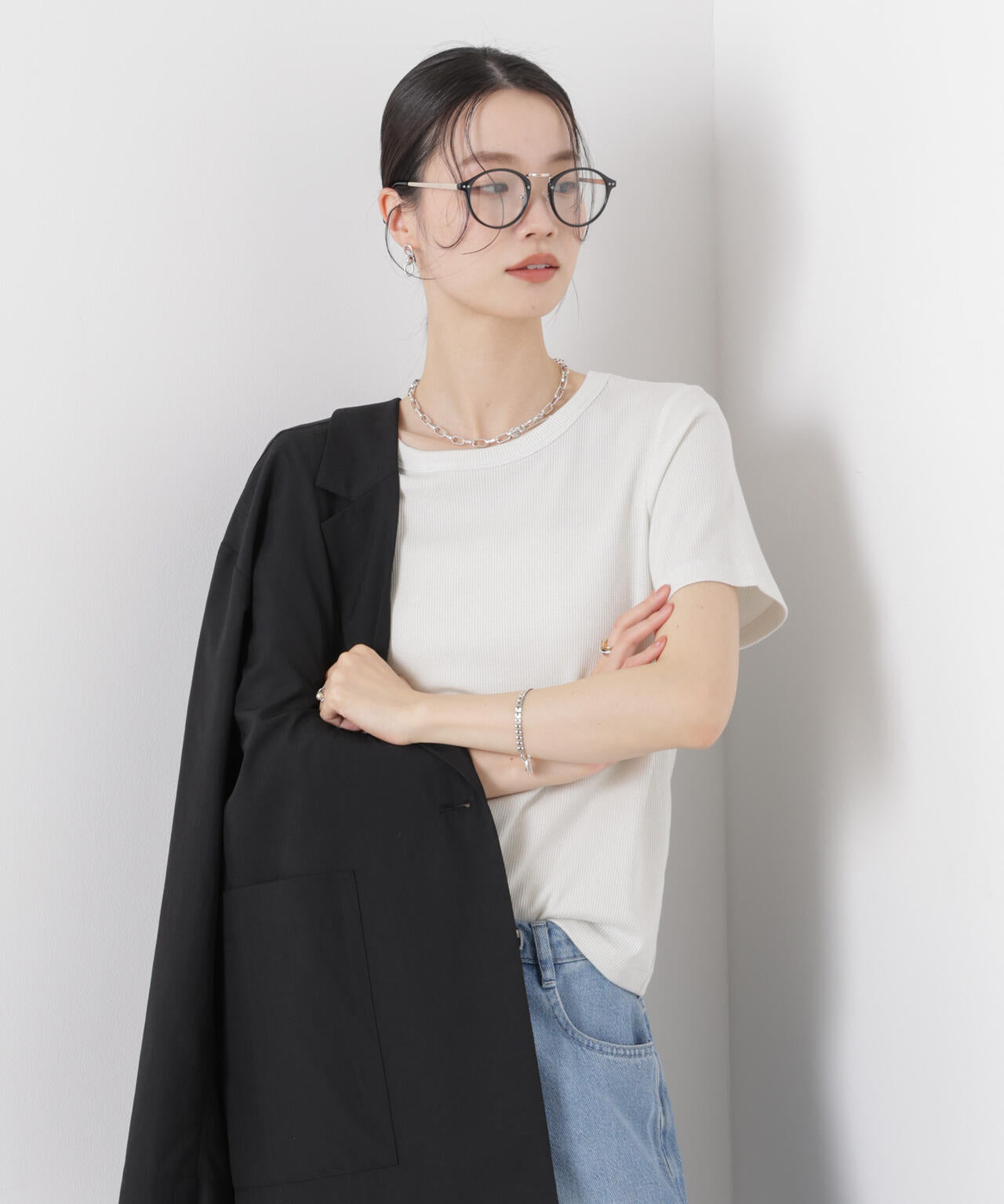 ラメリブカットクルーネックTシャツ