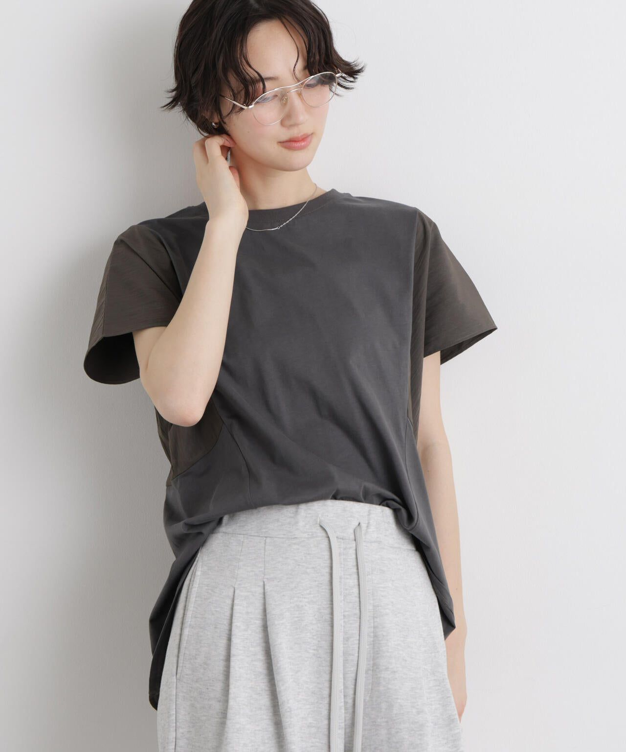 タフタコンビバックギャザーデザインカットトップス