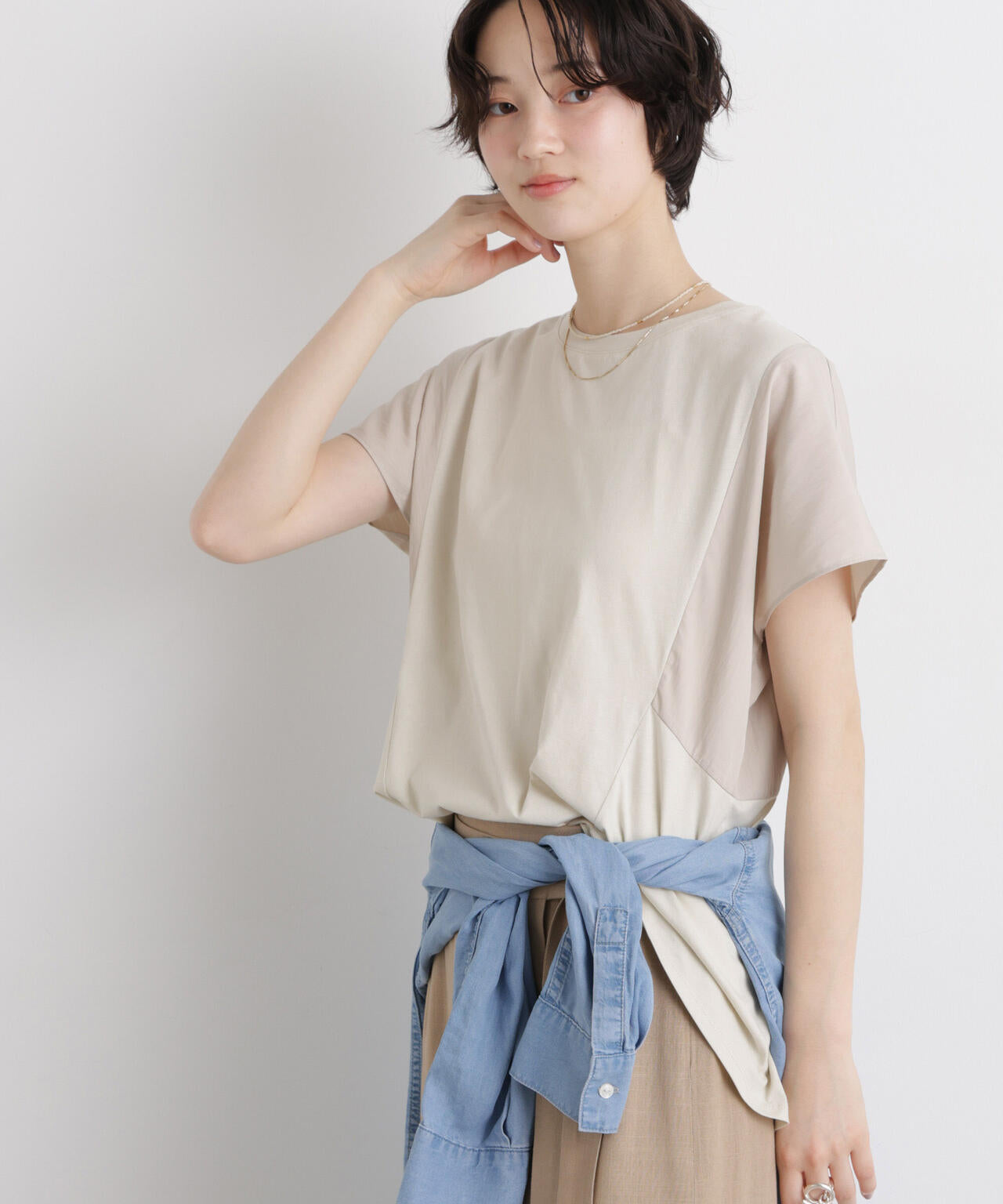 タフタコンビバックギャザーデザインカットトップス