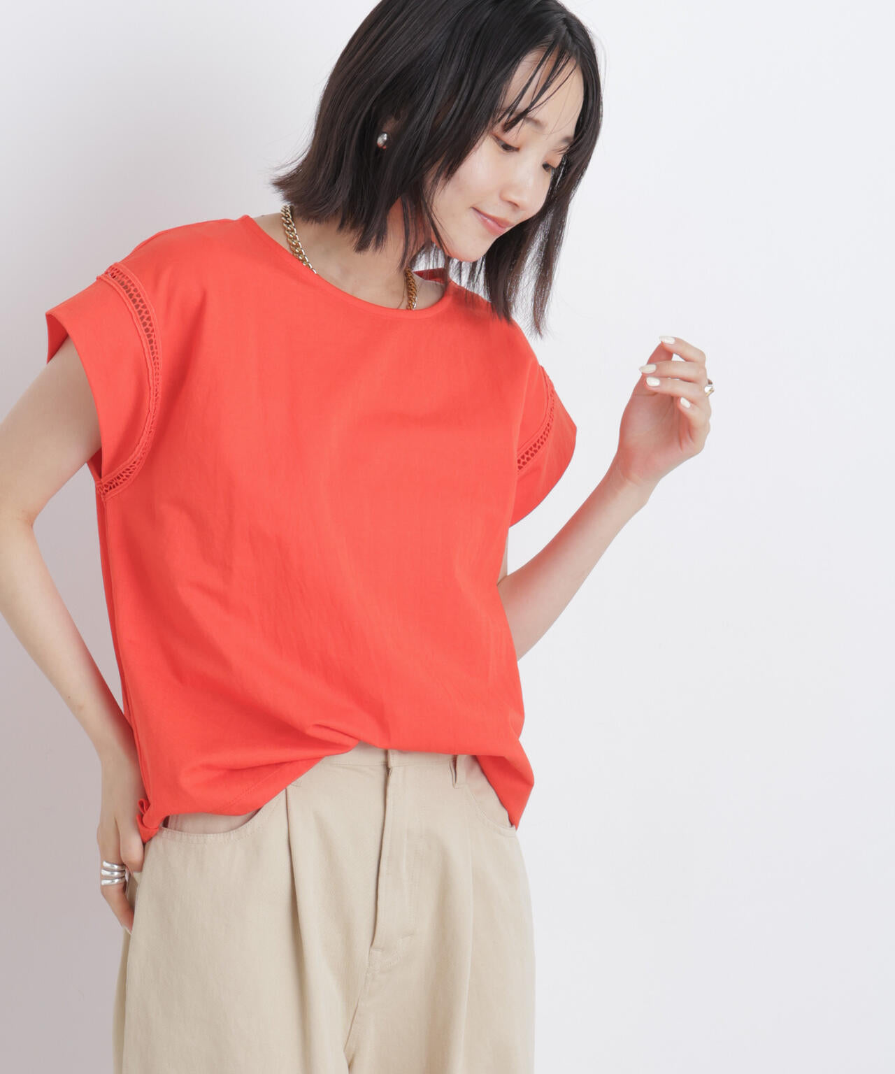 ハシゴレースフレンチスリーブカットトップス