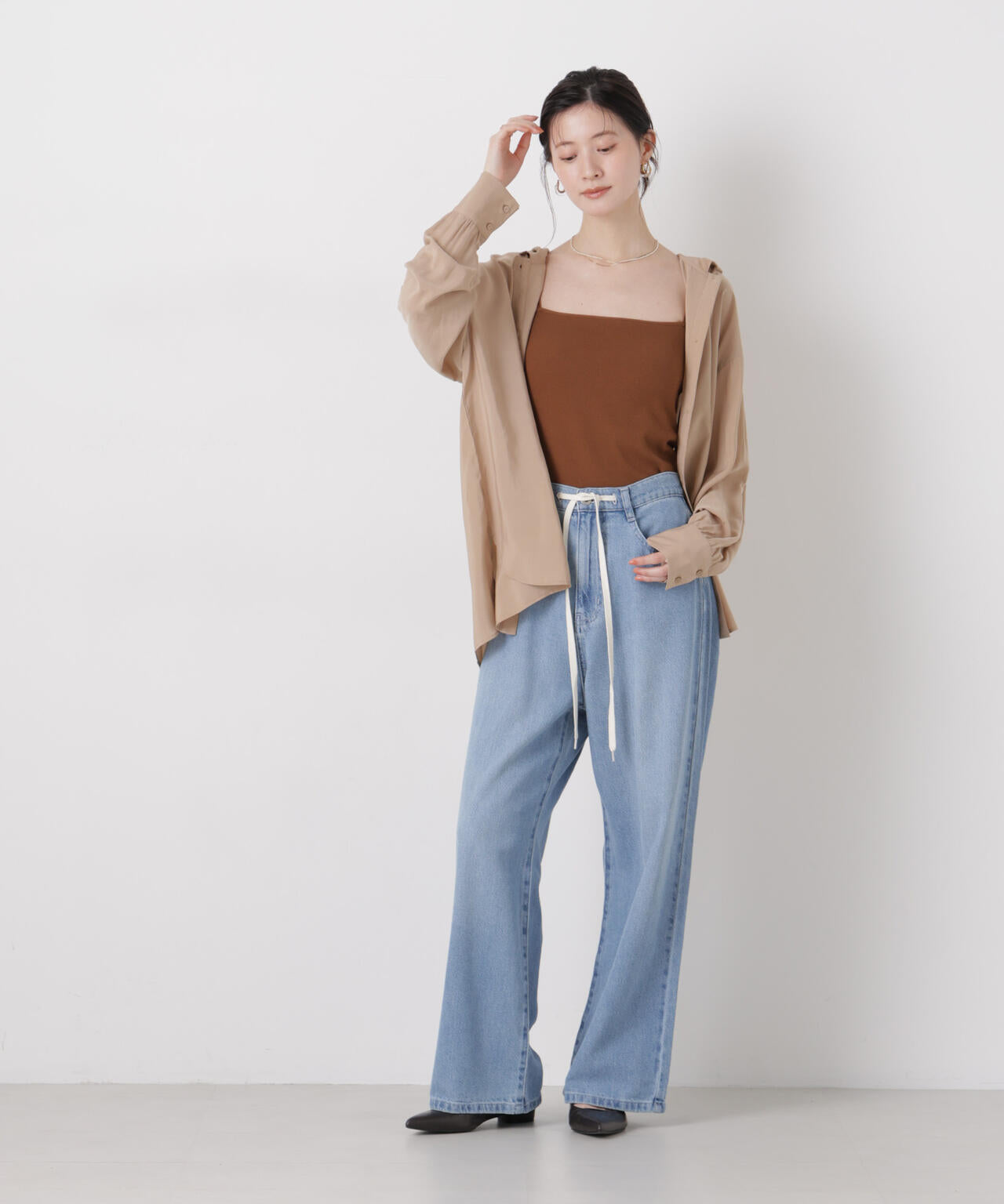 ウエストドロストワイドデニムパンツ