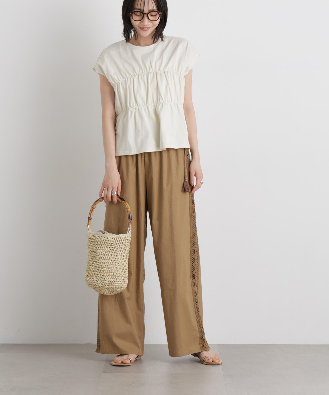 made in INDIA サイドレースワイドパンツ
