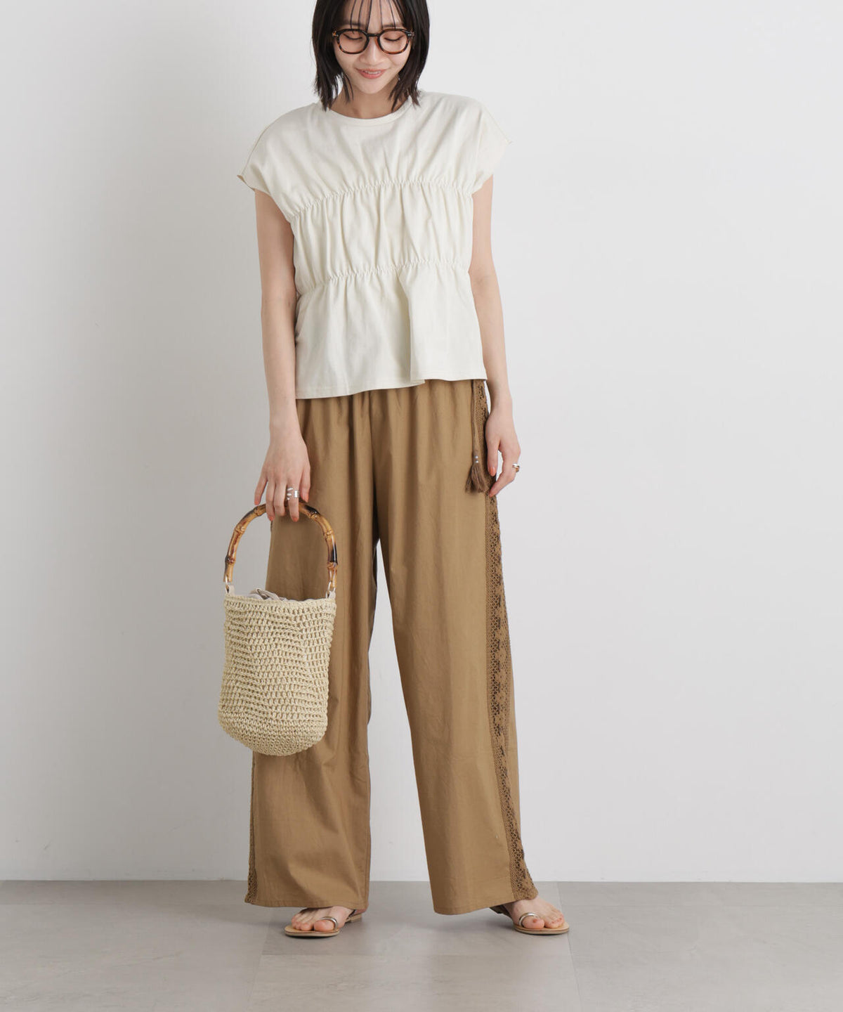 made in INDIA サイドレースワイドパンツ