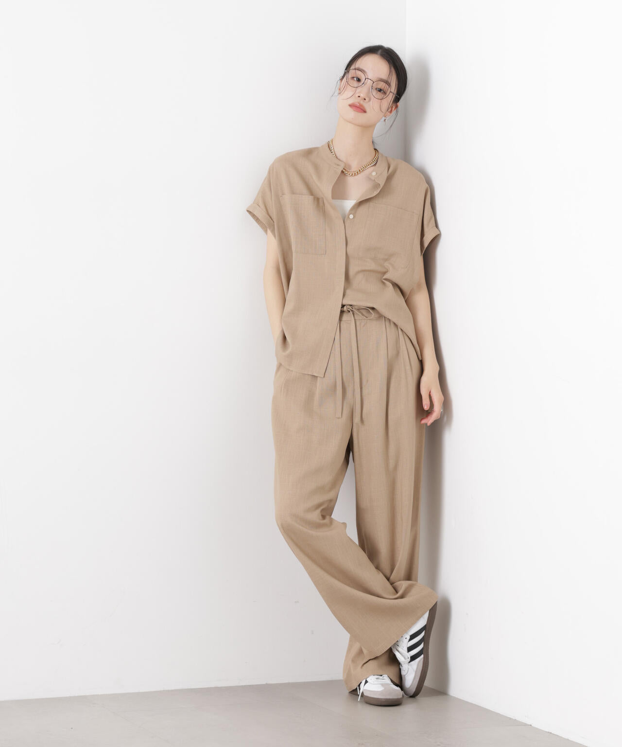 多機能リネン混リボンベルト付タックワイドパンツ(セットアップ可)