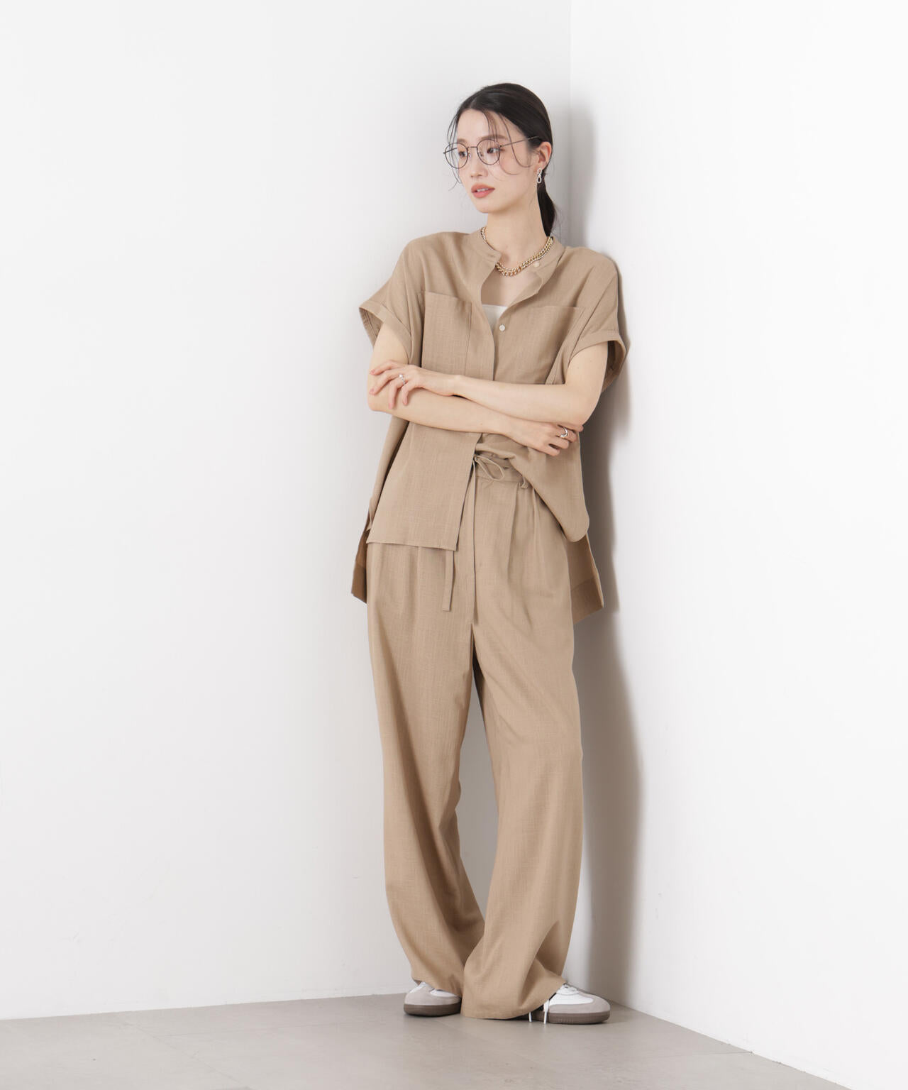 多機能リネン混リボンベルト付タックワイドパンツ(セットアップ可)