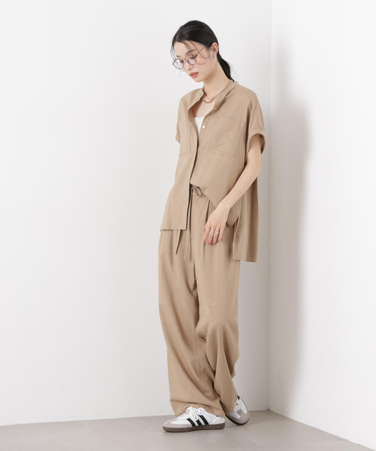 多機能リネン混リボンベルト付タックワイドパンツ(セットアップ可)