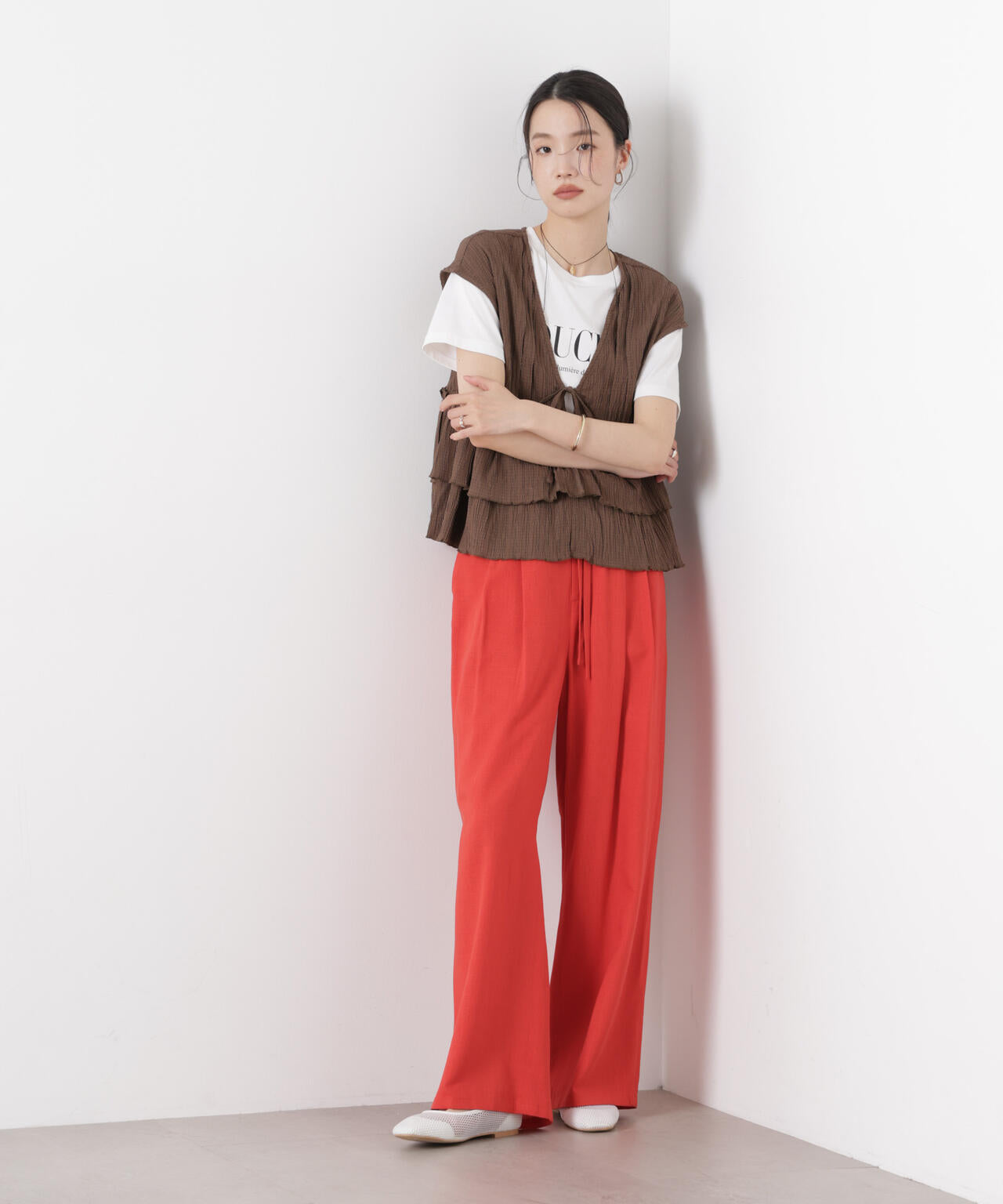 多機能リネン混リボンベルト付タックワイドパンツ(セットアップ可)