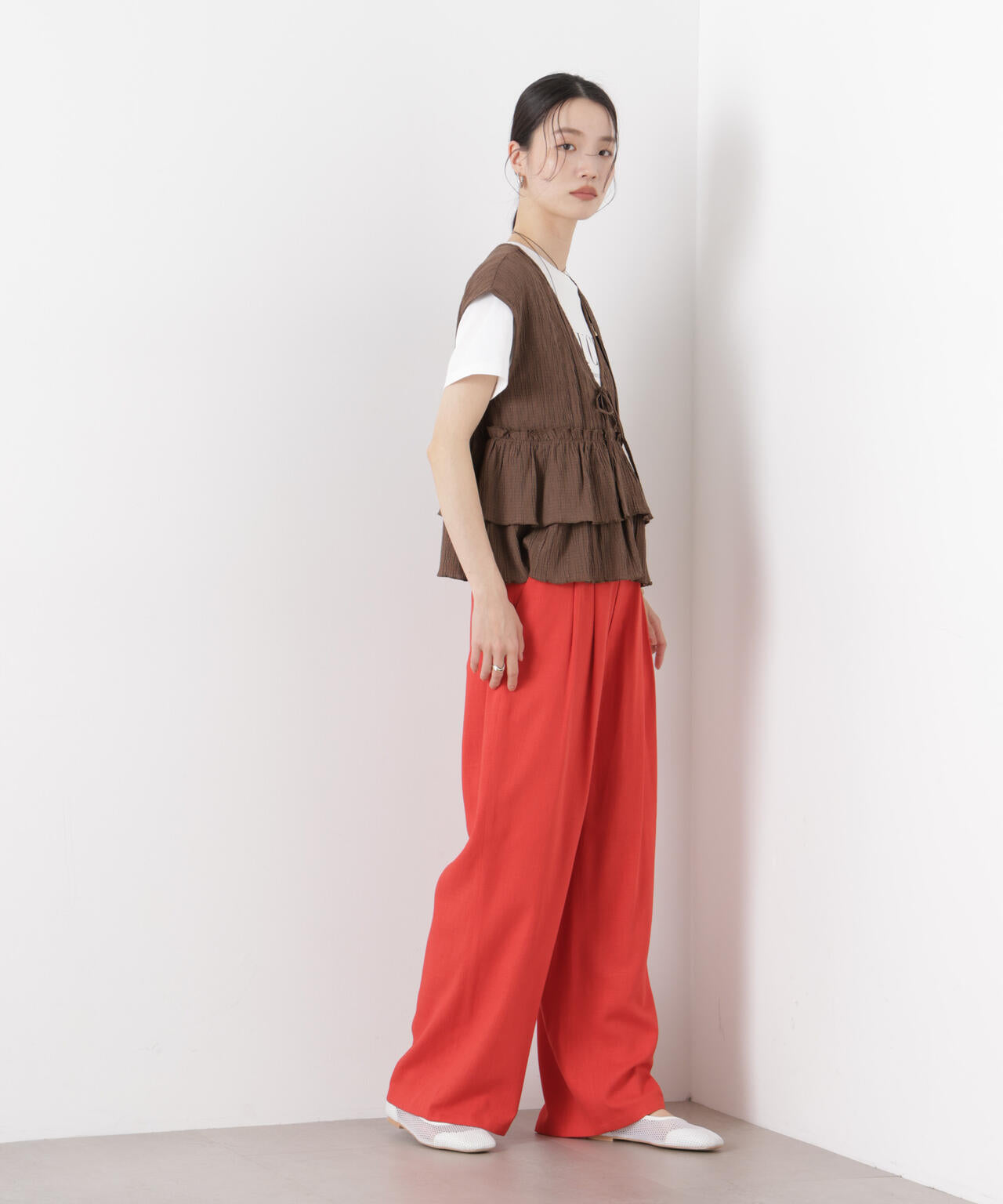 多機能リネン混リボンベルト付タックワイドパンツ(セットアップ可)