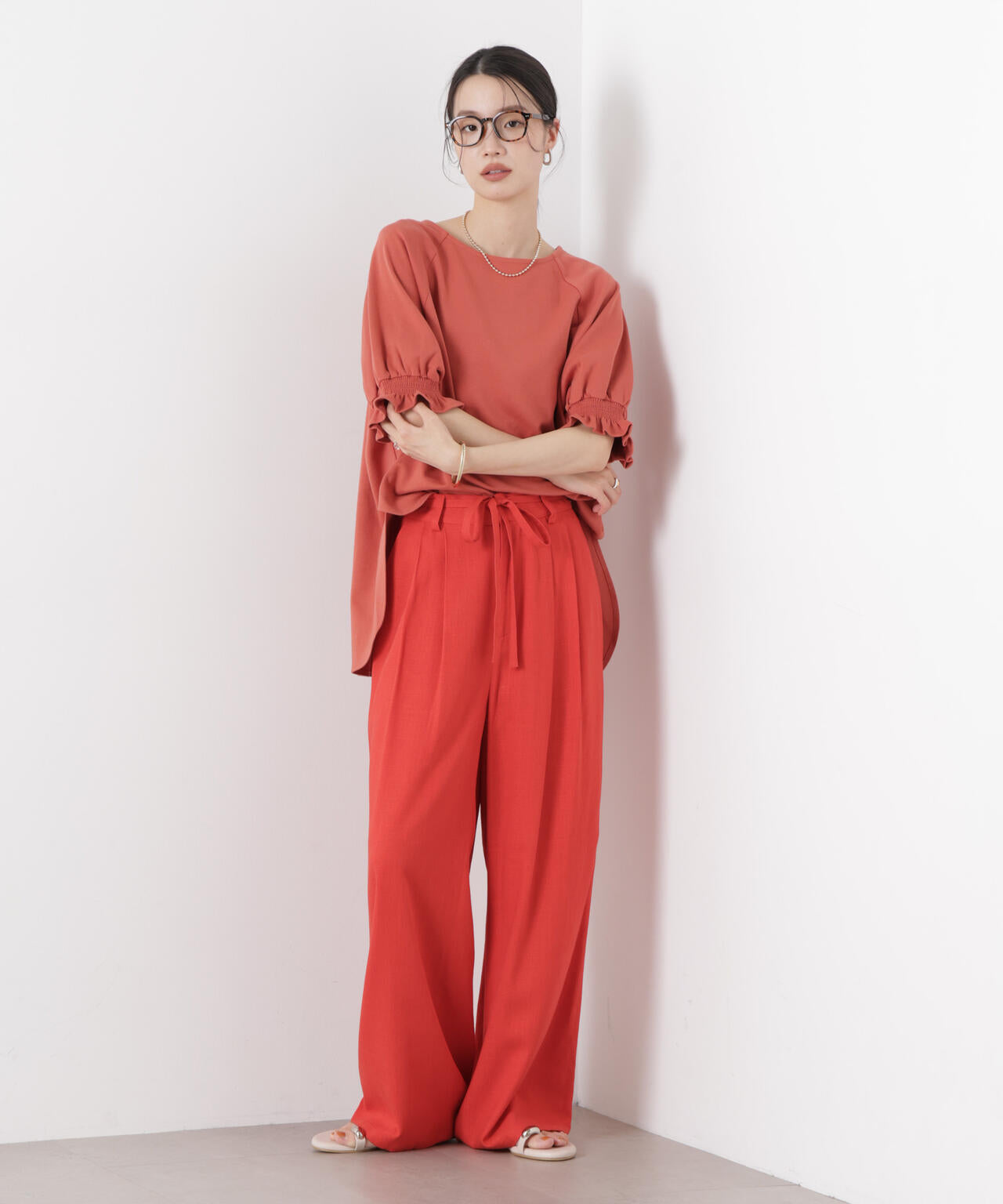 多機能リネン混リボンベルト付タックワイドパンツ(セットアップ可)