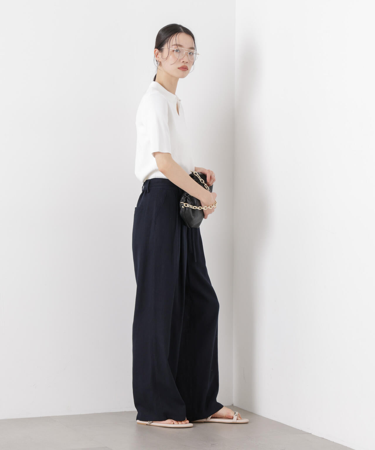 多機能リネン混リボンベルト付タックワイドパンツ(セットアップ可)
