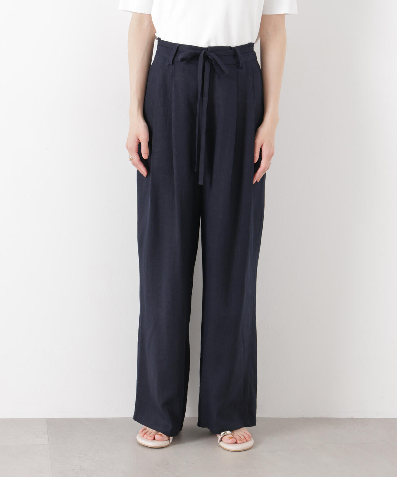 多機能リネン混リボンベルト付タックワイドパンツ(セットアップ可)