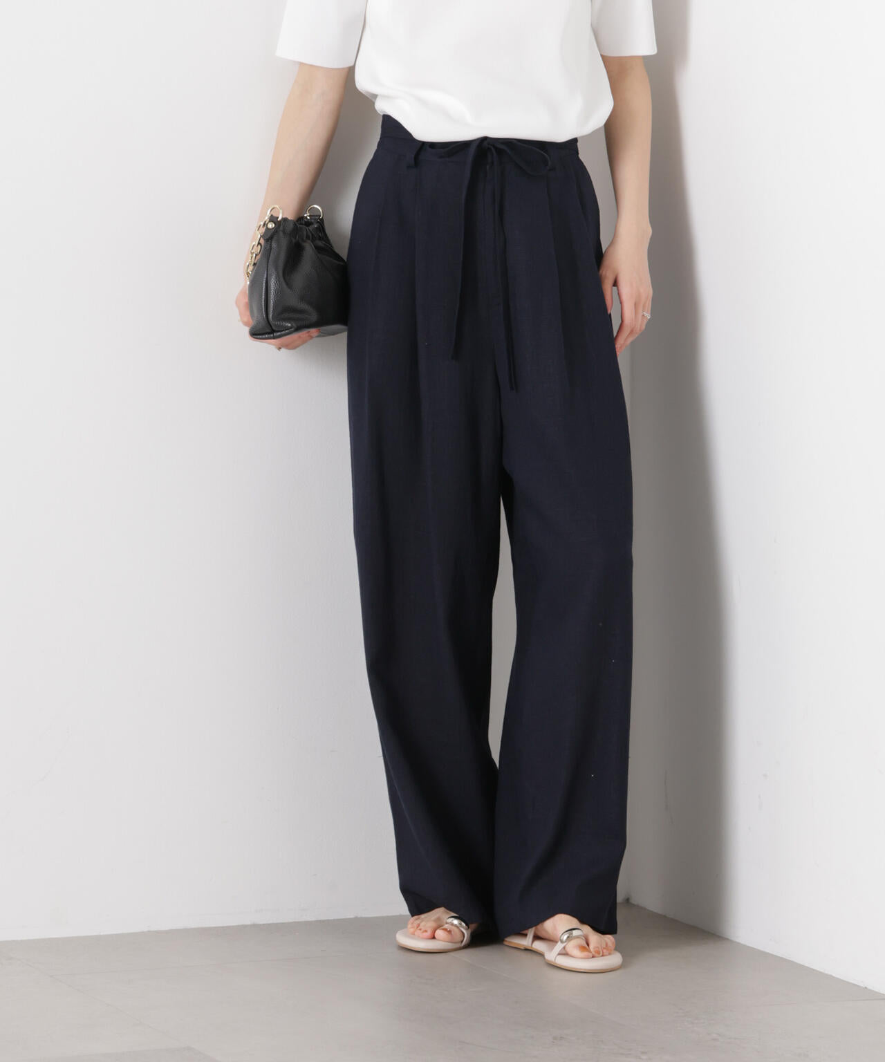 多機能リネン混リボンベルト付タックワイドパンツ(セットアップ可)