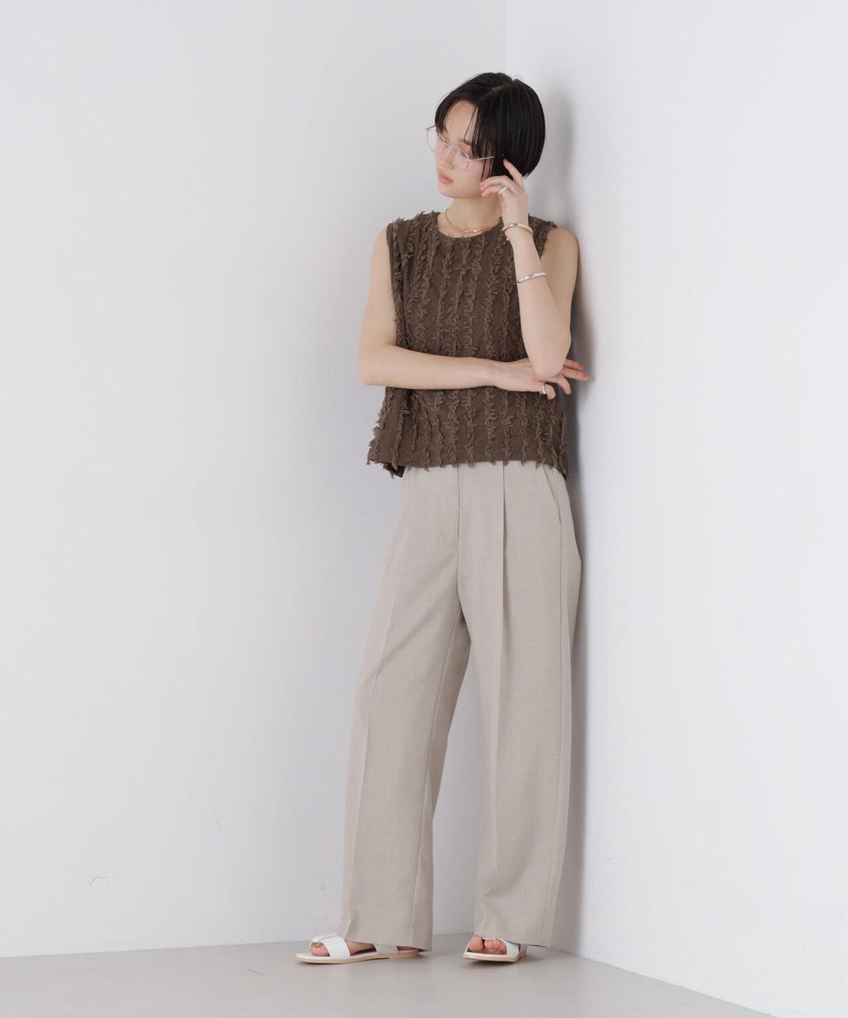 リネンライクワンタックセンタープレスパンツ(セットアップ可)