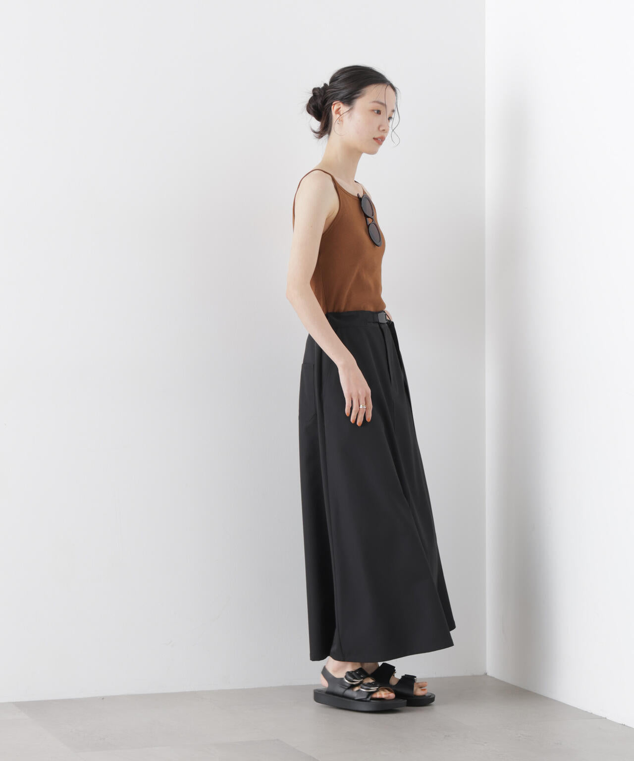 多機能2wayストレッチ ベルテッドセミフレアマキシスカート(セットアップ可)