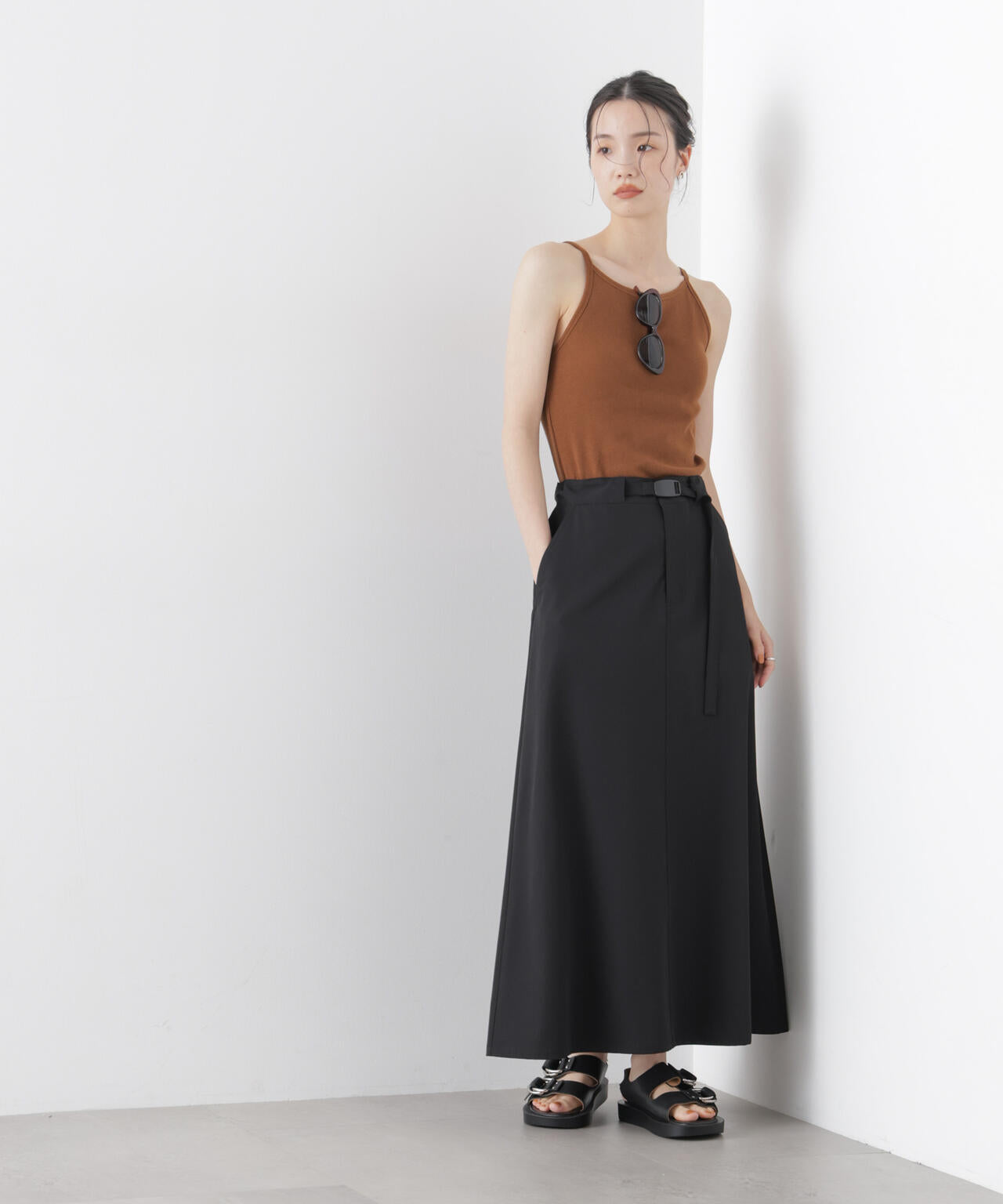 多機能2wayストレッチ ベルテッドセミフレアマキシスカート(セットアップ可)