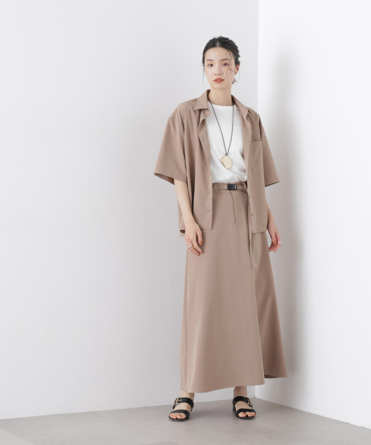 多機能2wayストレッチ ベルテッドセミフレアマキシスカート(セットアップ可)