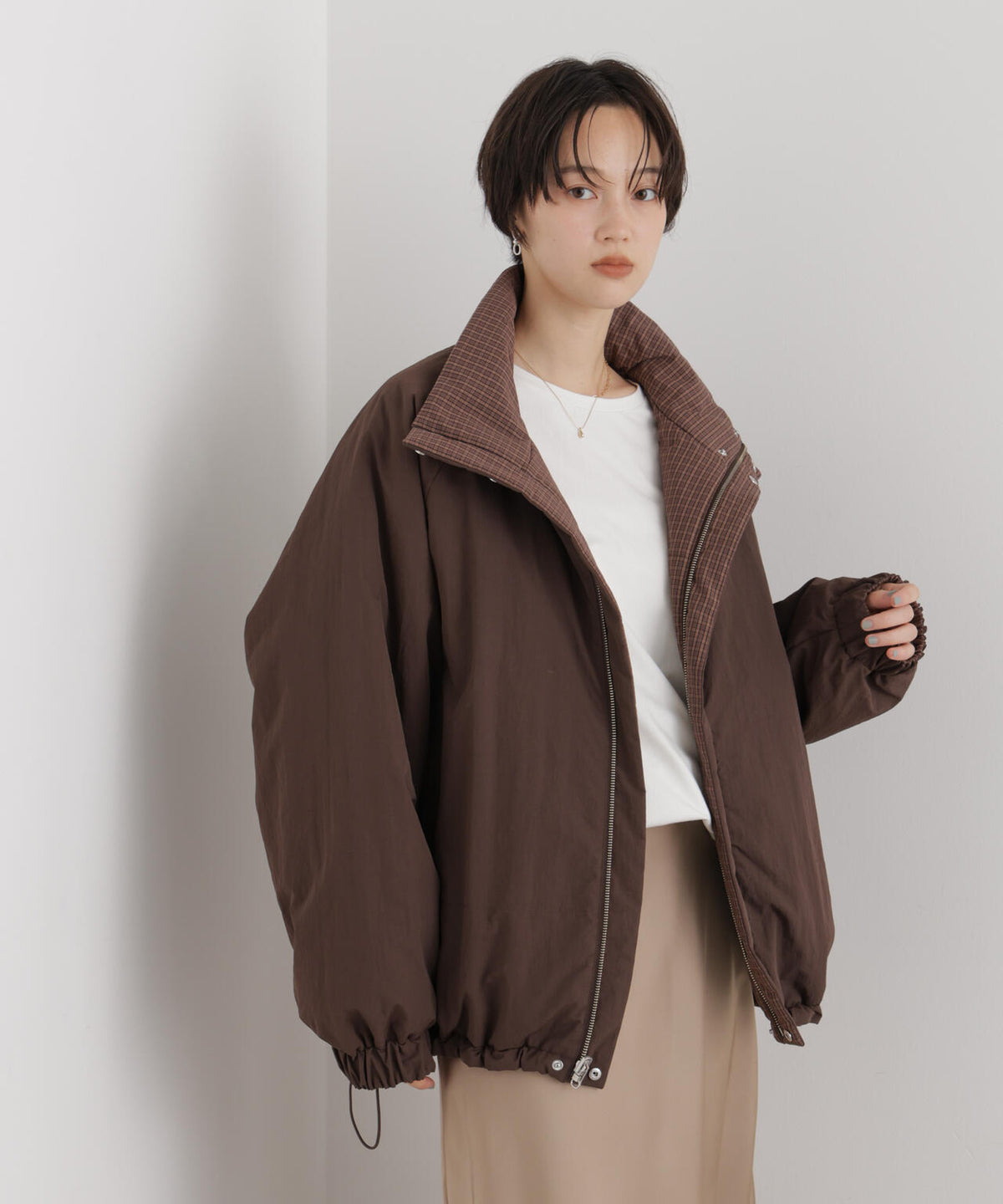 撥水加工 リバーシブルチェック中綿ブルゾン