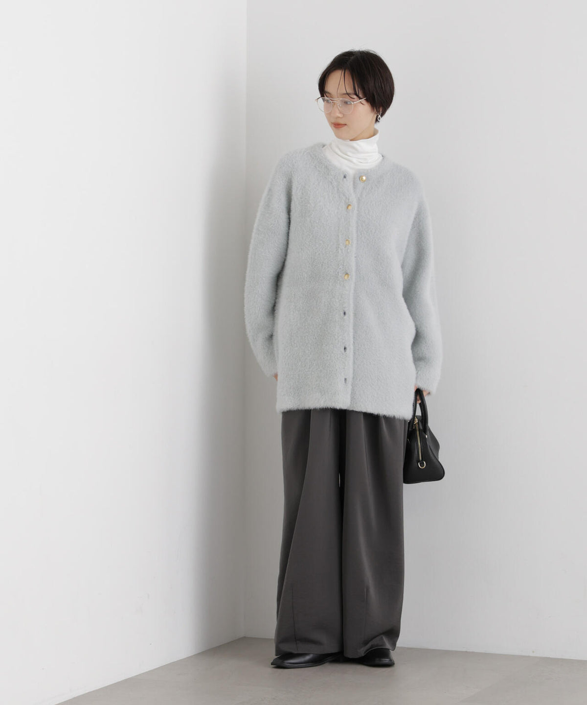 配色シャギーニットジャケット