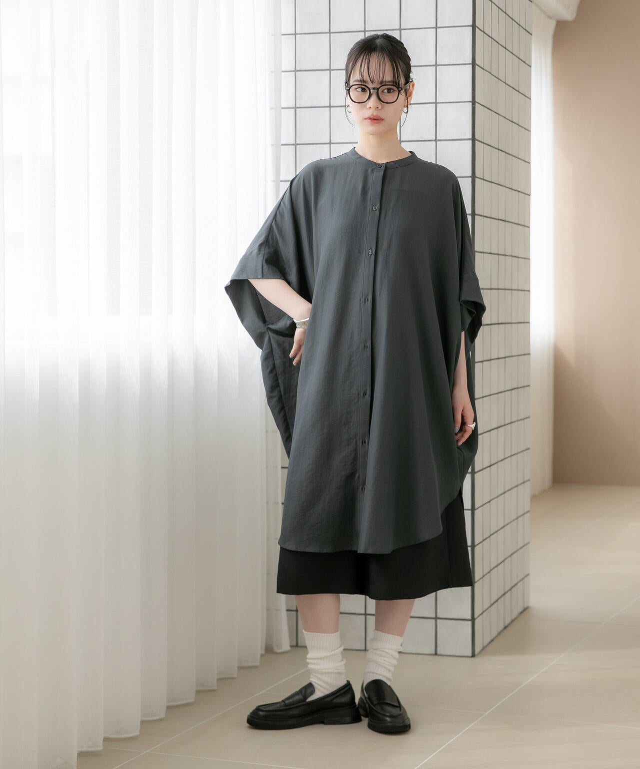 WEB限定/多機能素材 バンドカラーワイドチュニックシャツワンピース