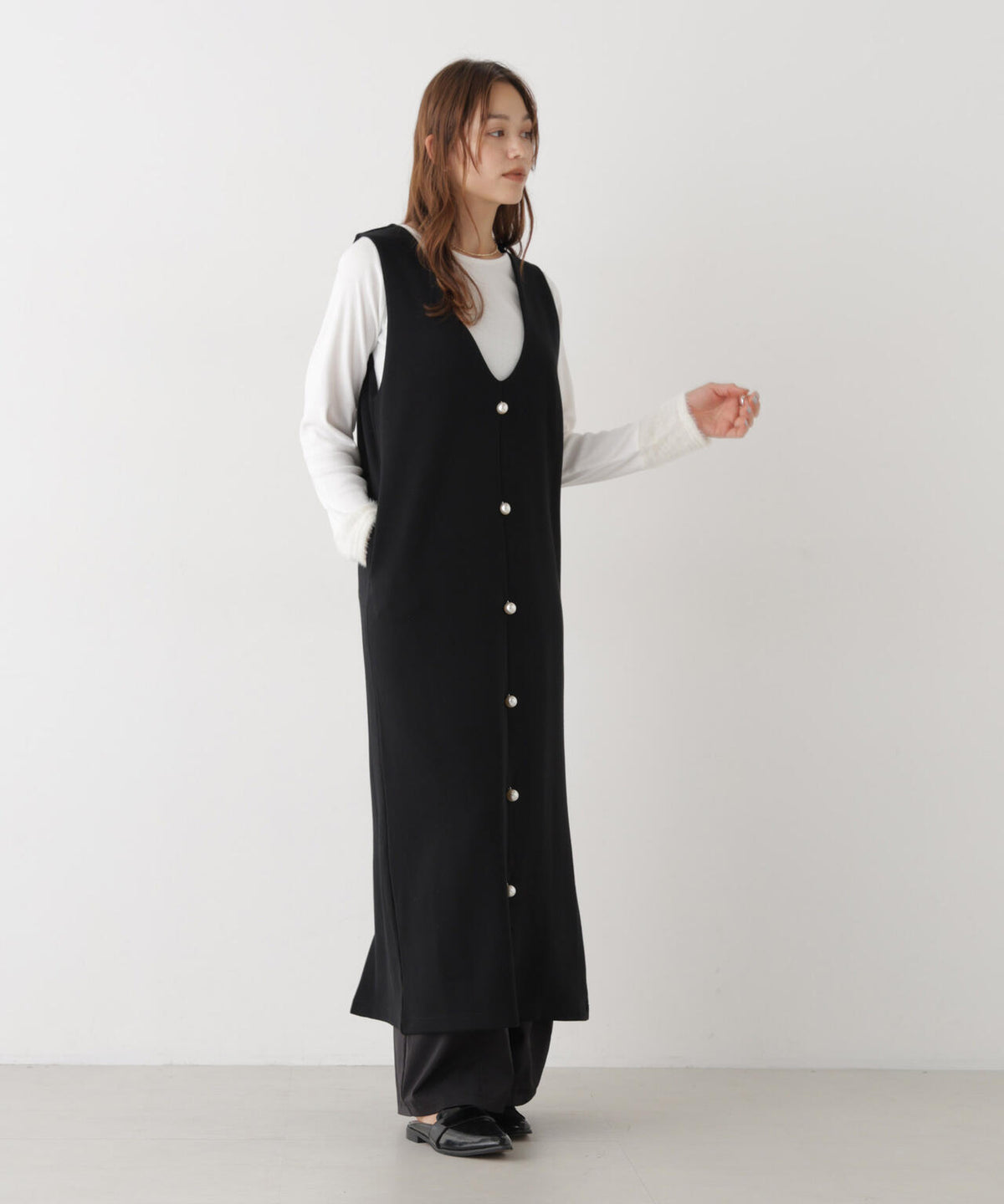 ファースリーブトップス×パールワンピース アンサンブルセット