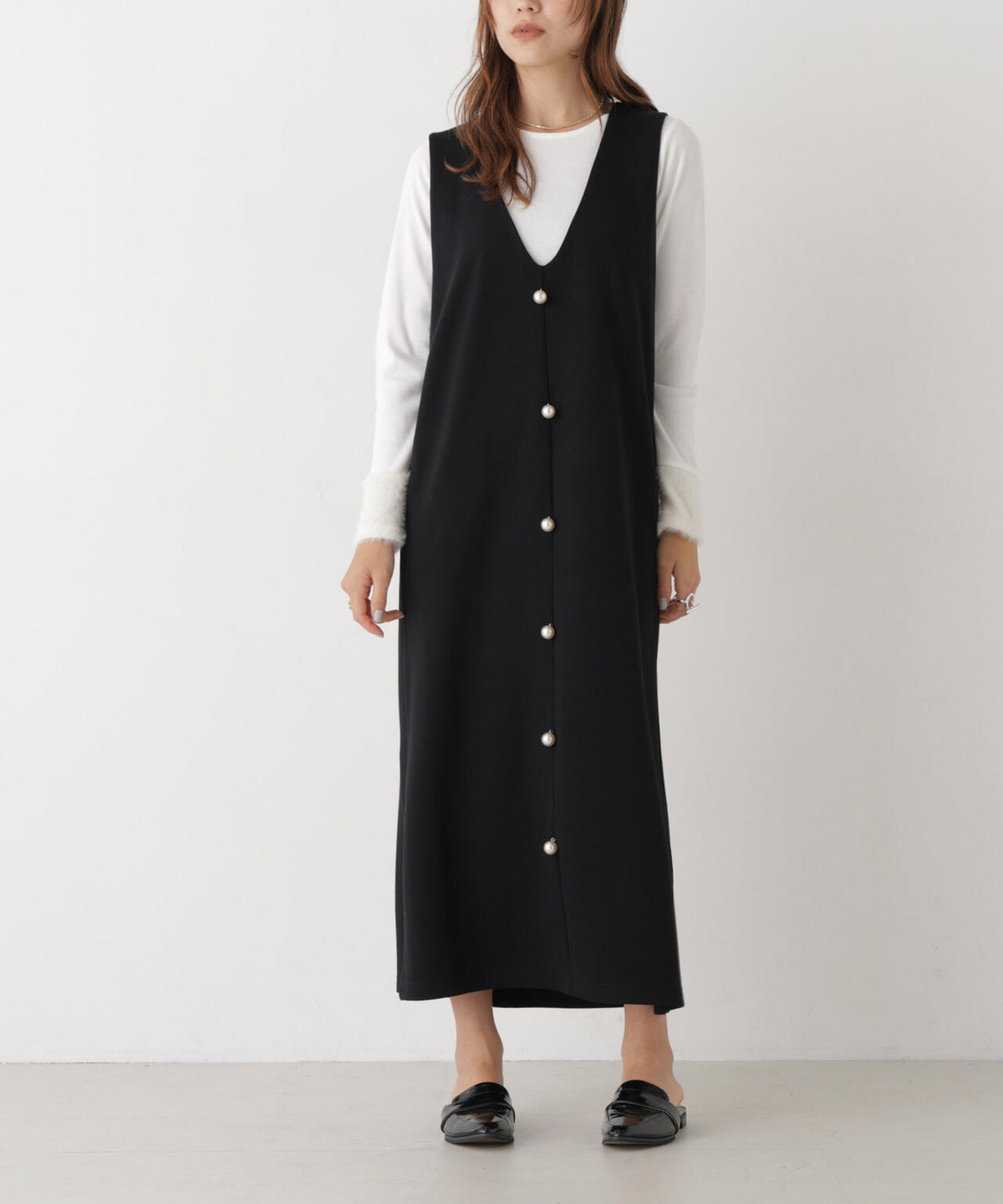 ファースリーブトップス×パールワンピース アンサンブルセット