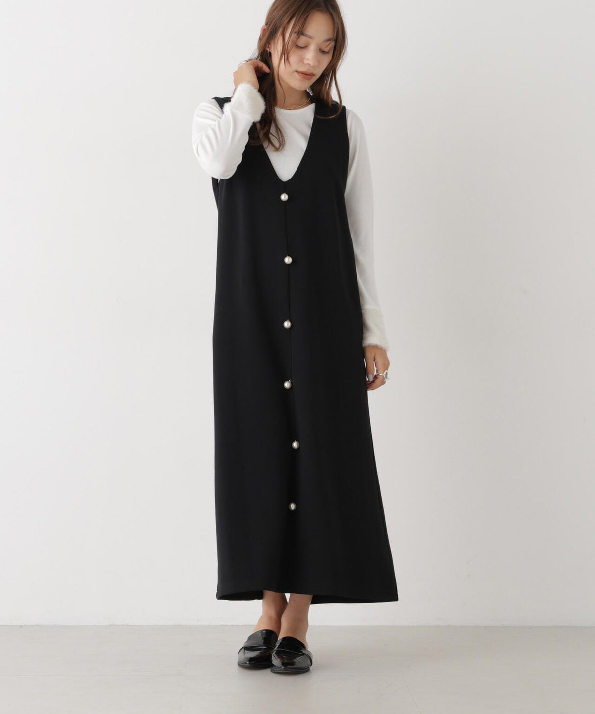 ファースリーブトップス×パールワンピース アンサンブルセット