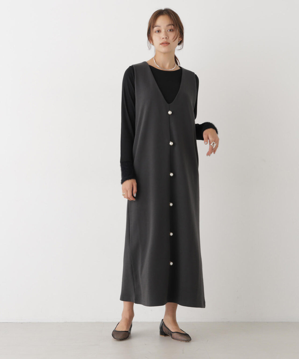 ファースリーブトップス×パールワンピース アンサンブルセット