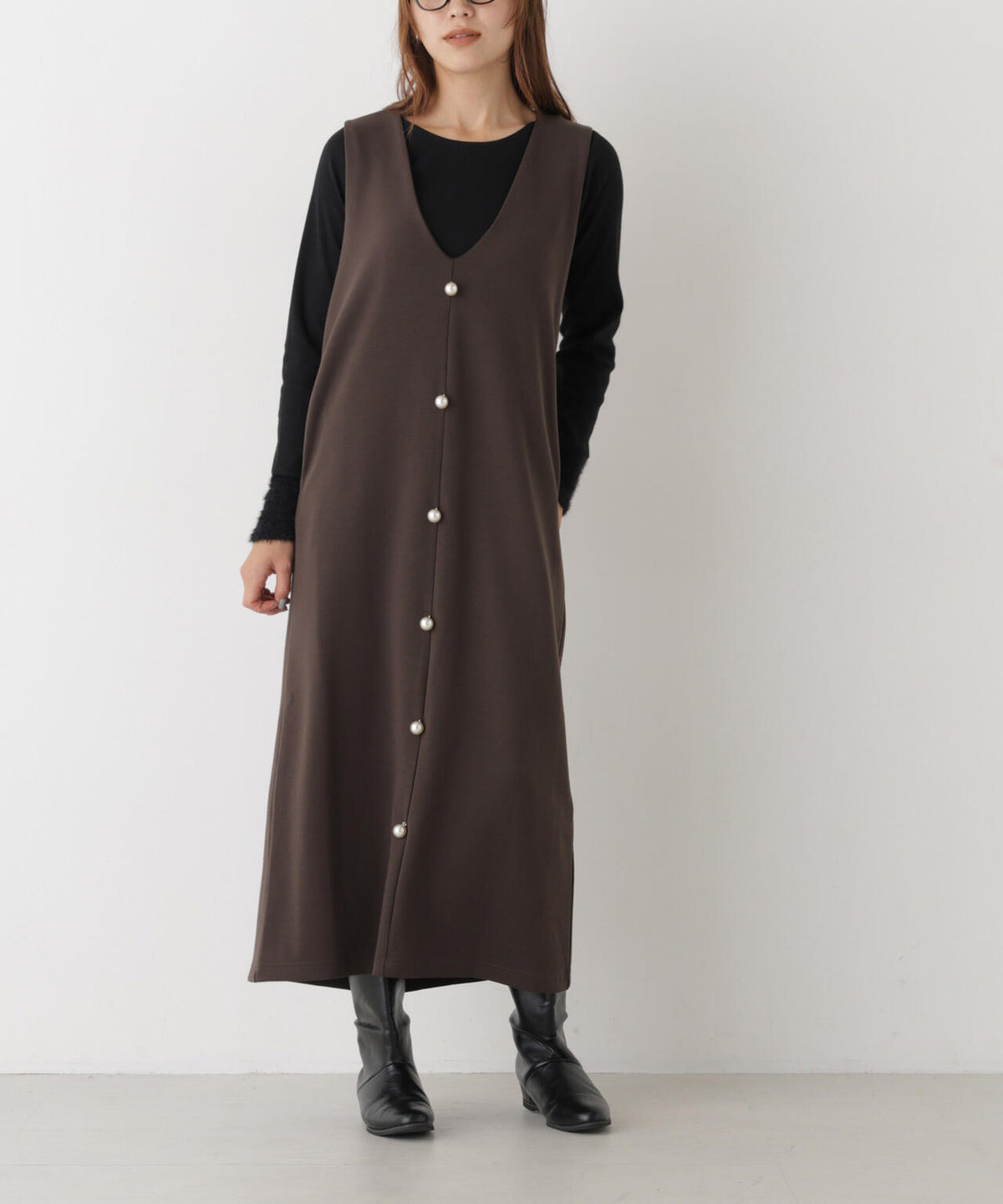 ファースリーブトップス×パールワンピース アンサンブルセット