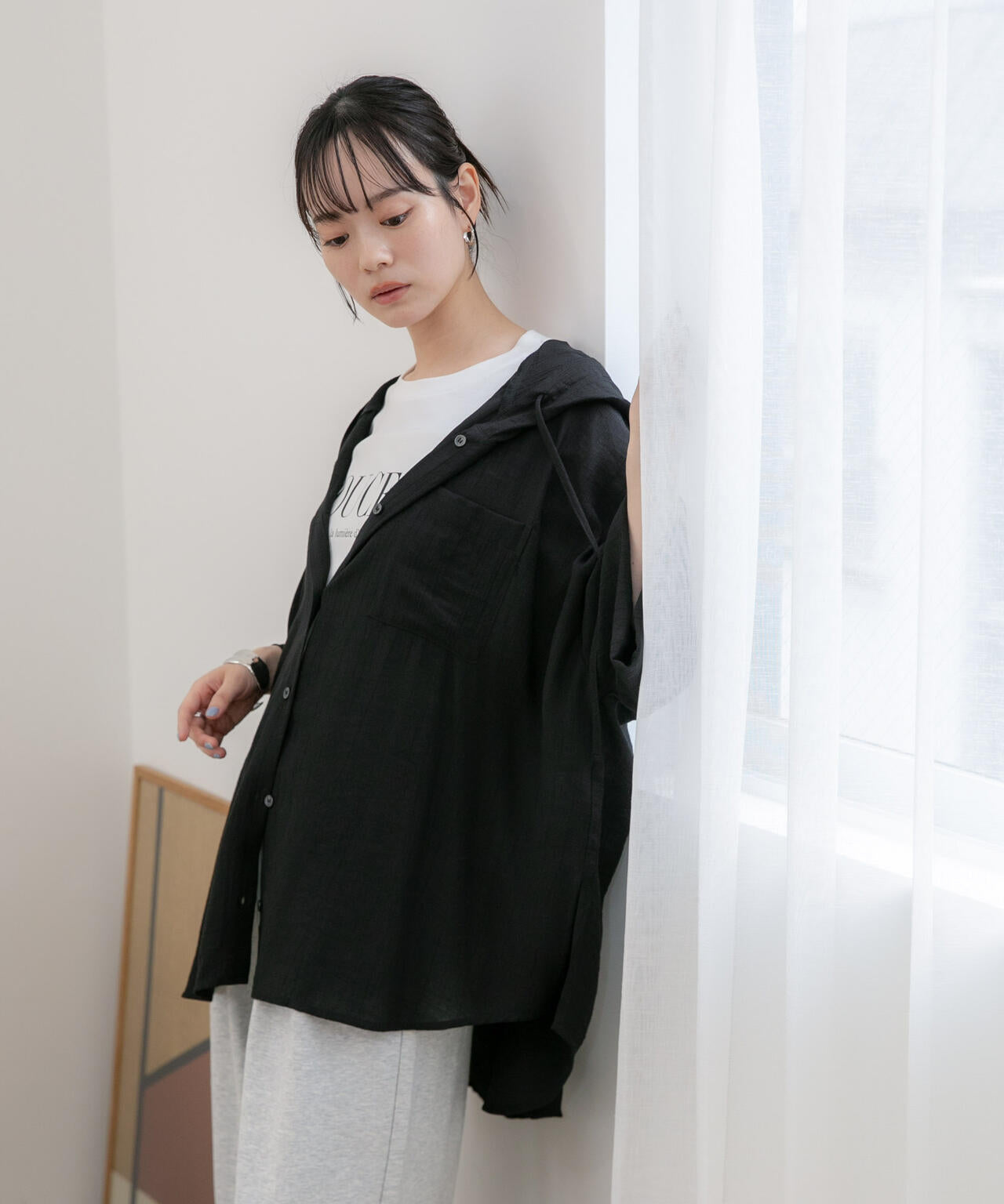 WEB限定/接触冷感機能 レーヨンナイロンワッシャーフードシャツ