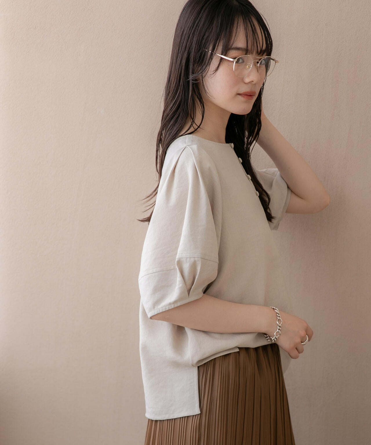 WEB限定/多機能素材 前後2wayランタンスリーブクルーブラウス(セットアップ可)