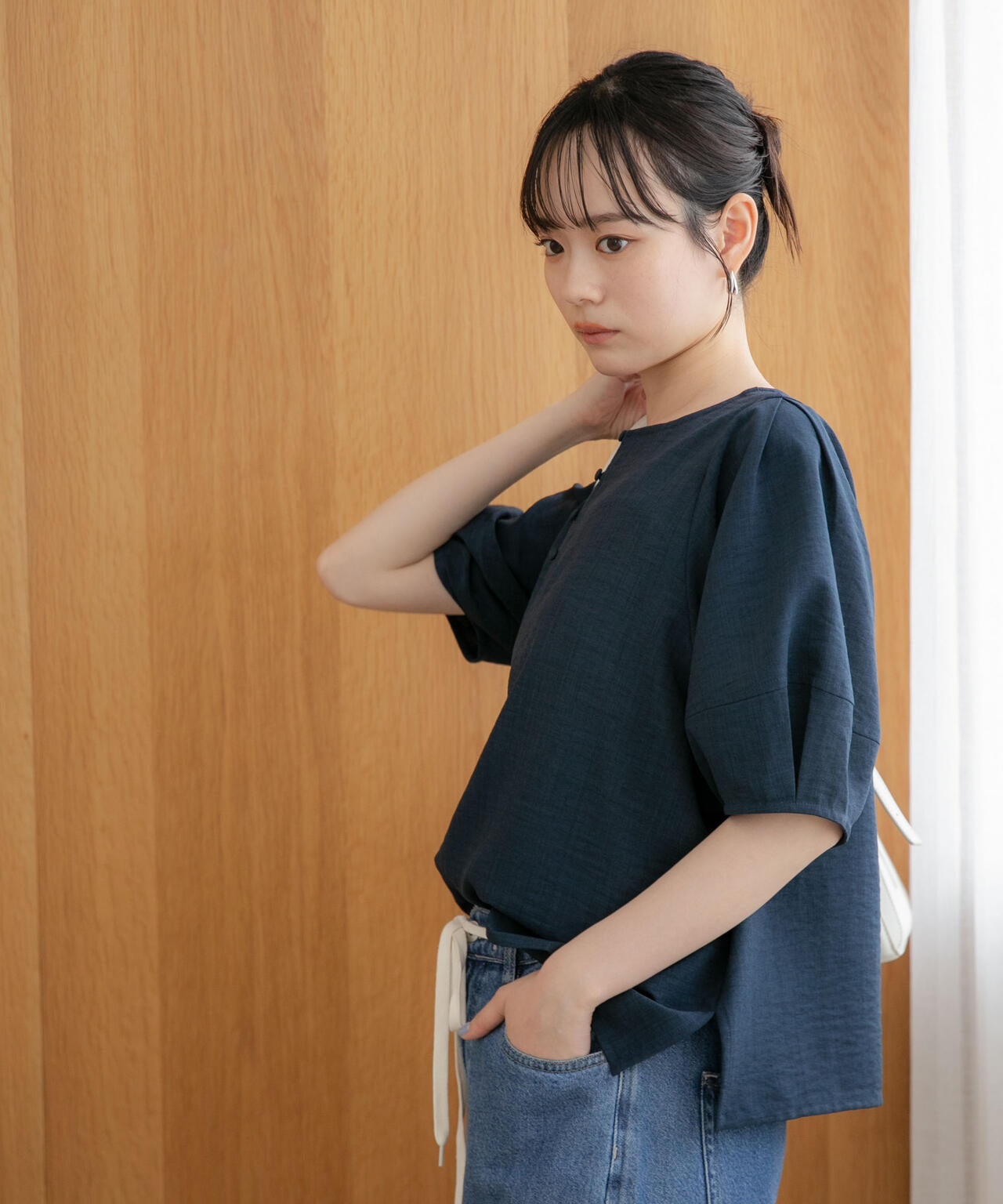 WEB限定/多機能素材 前後2wayランタンスリーブクルーブラウス(セットアップ可)