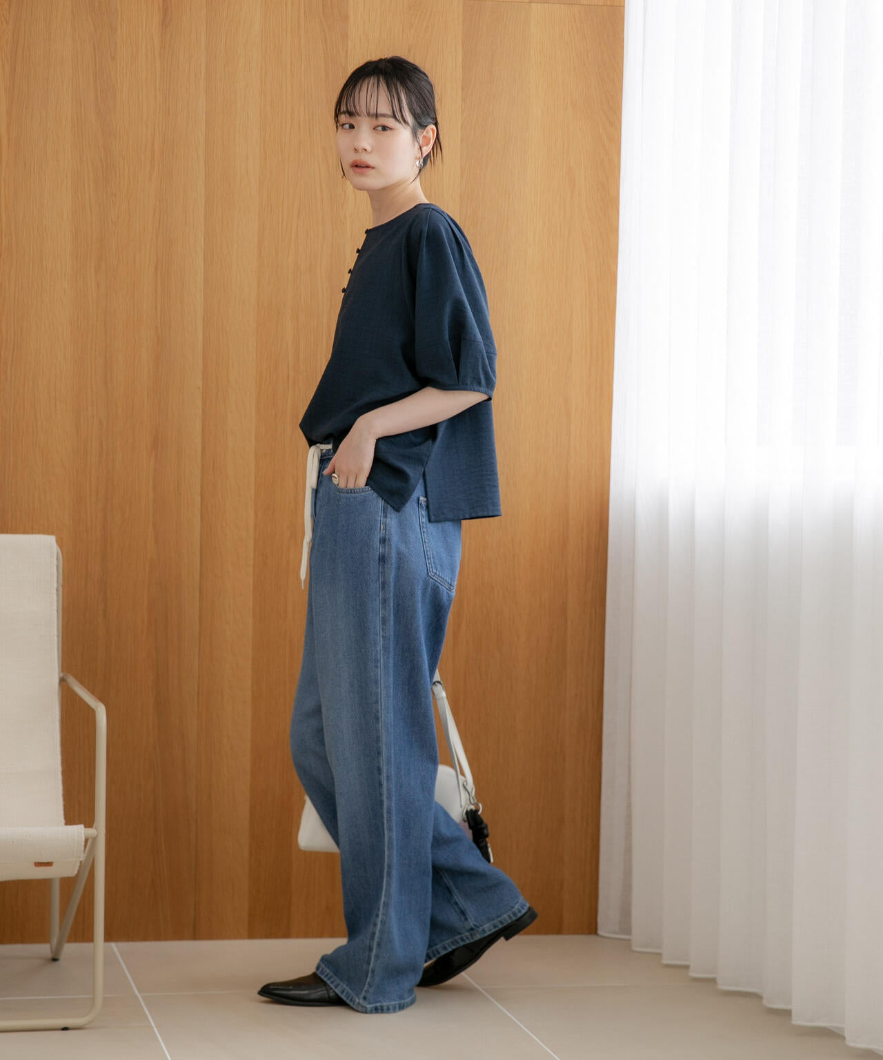 WEB限定/多機能素材 前後2wayランタンスリーブクルーブラウス(セットアップ可)