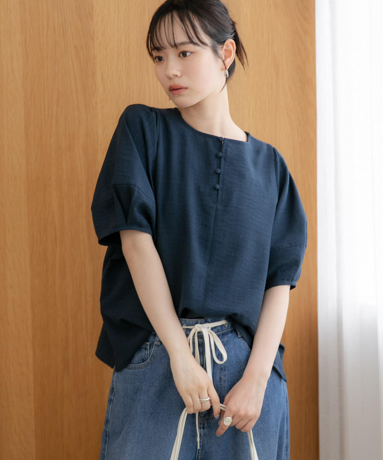 WEB限定/多機能素材 前後2wayランタンスリーブクルーブラウス(セットアップ可)
