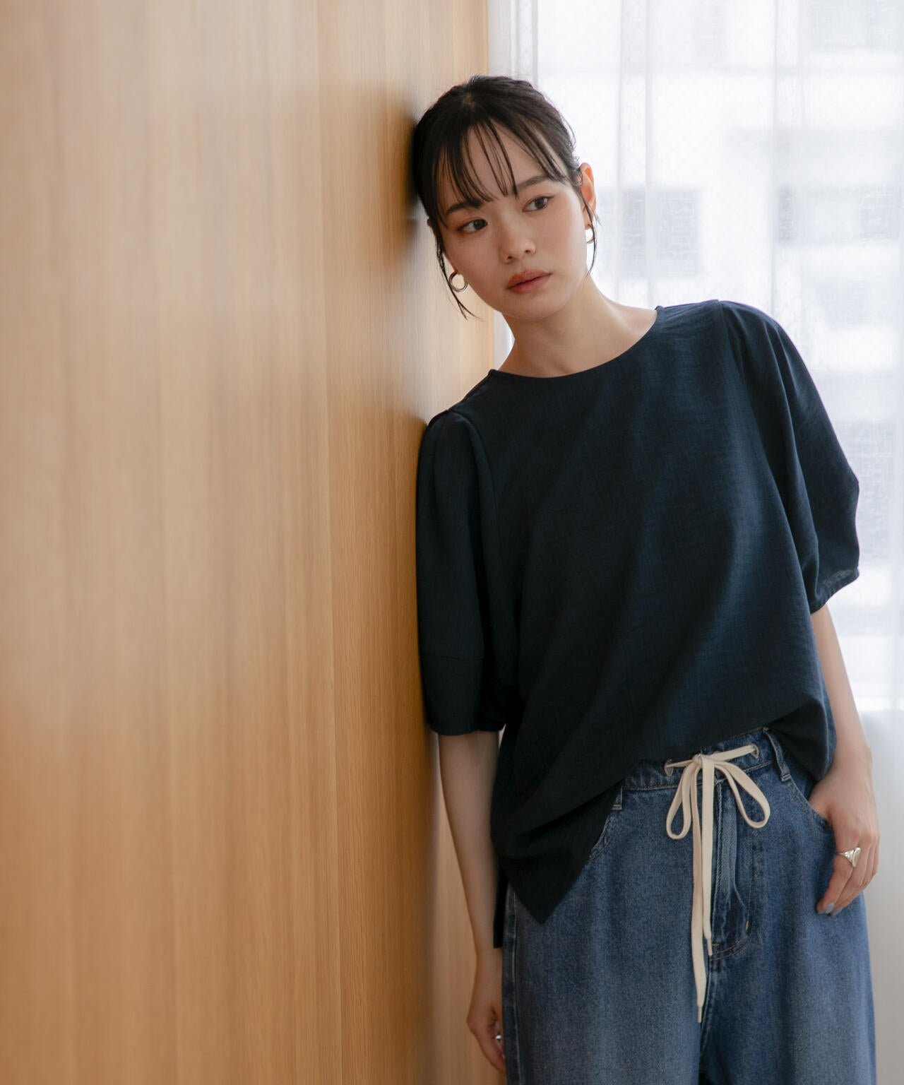 WEB限定/多機能素材 前後2wayランタンスリーブクルーブラウス(セットアップ可)