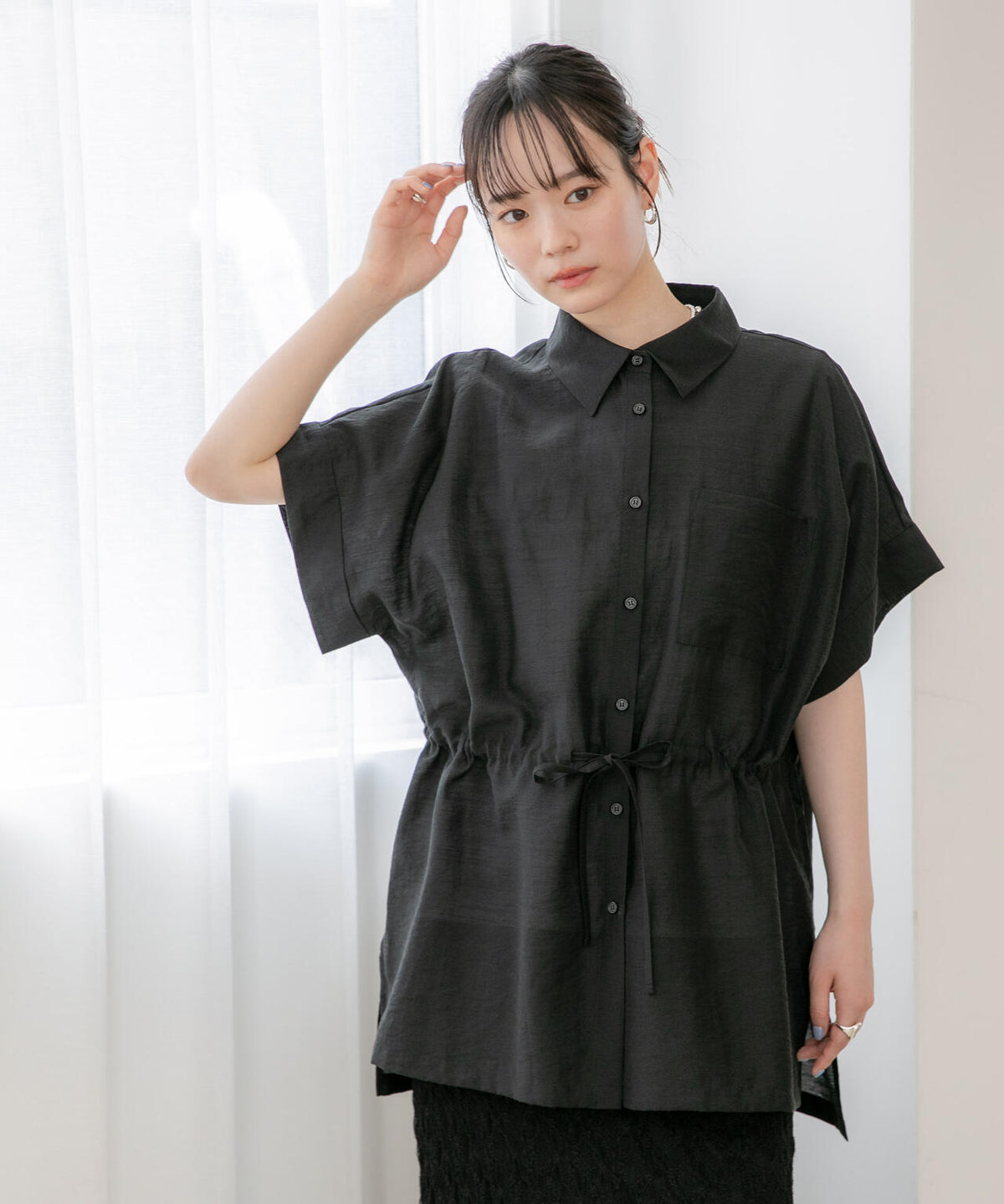 WEB限定/接触冷感機能 リネン混ウエストドロストハーフスリーブシャツ