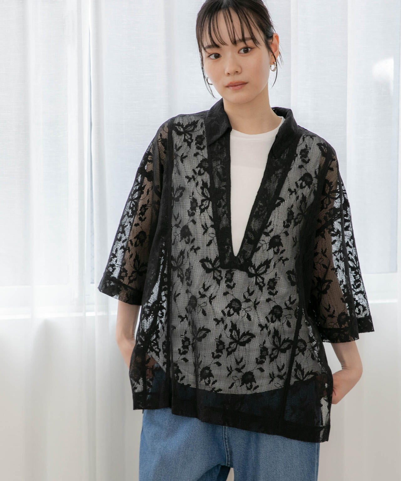 WEB限定/フラワーレーススキッパープルオーバーシャツ