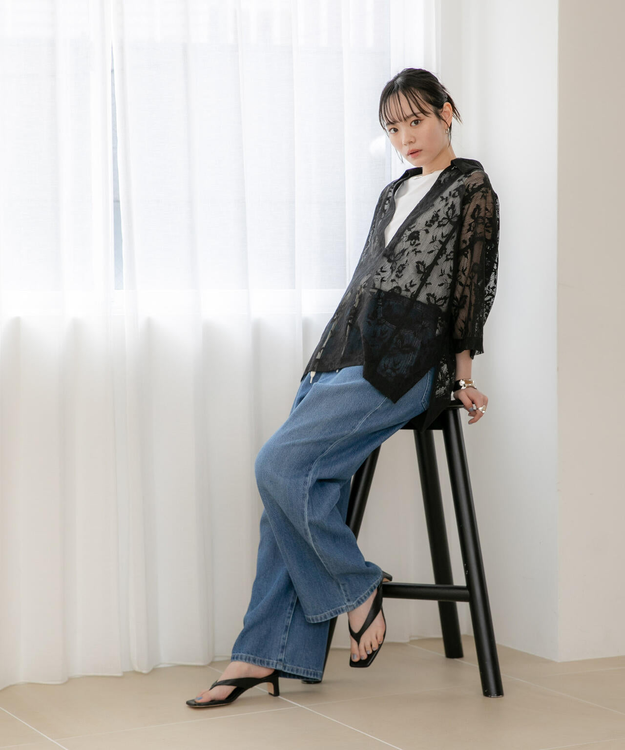 WEB限定/フラワーレーススキッパープルオーバーシャツ